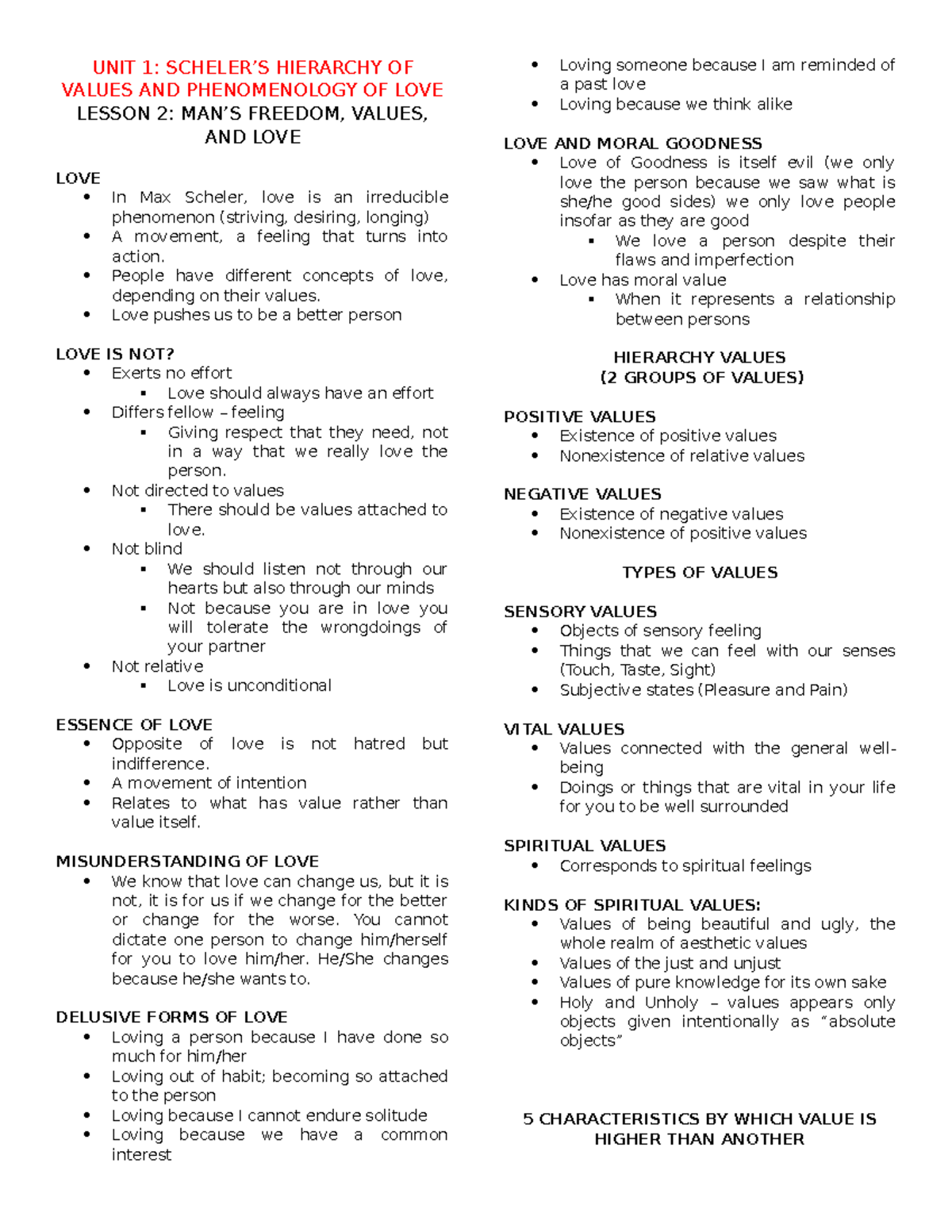 Ethics Reviewer - UNIT 1: SCHELER’S HIERARCHY OF VALUES AND ...