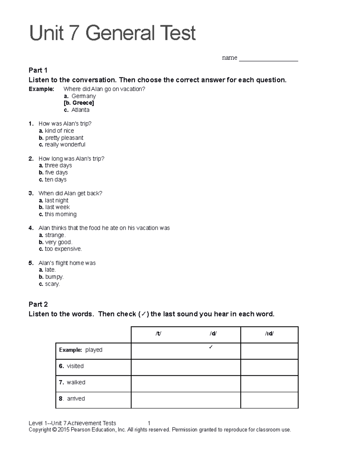 Top Notch 1 Unit 7 Assessment - Unit 7 General Test Name ...