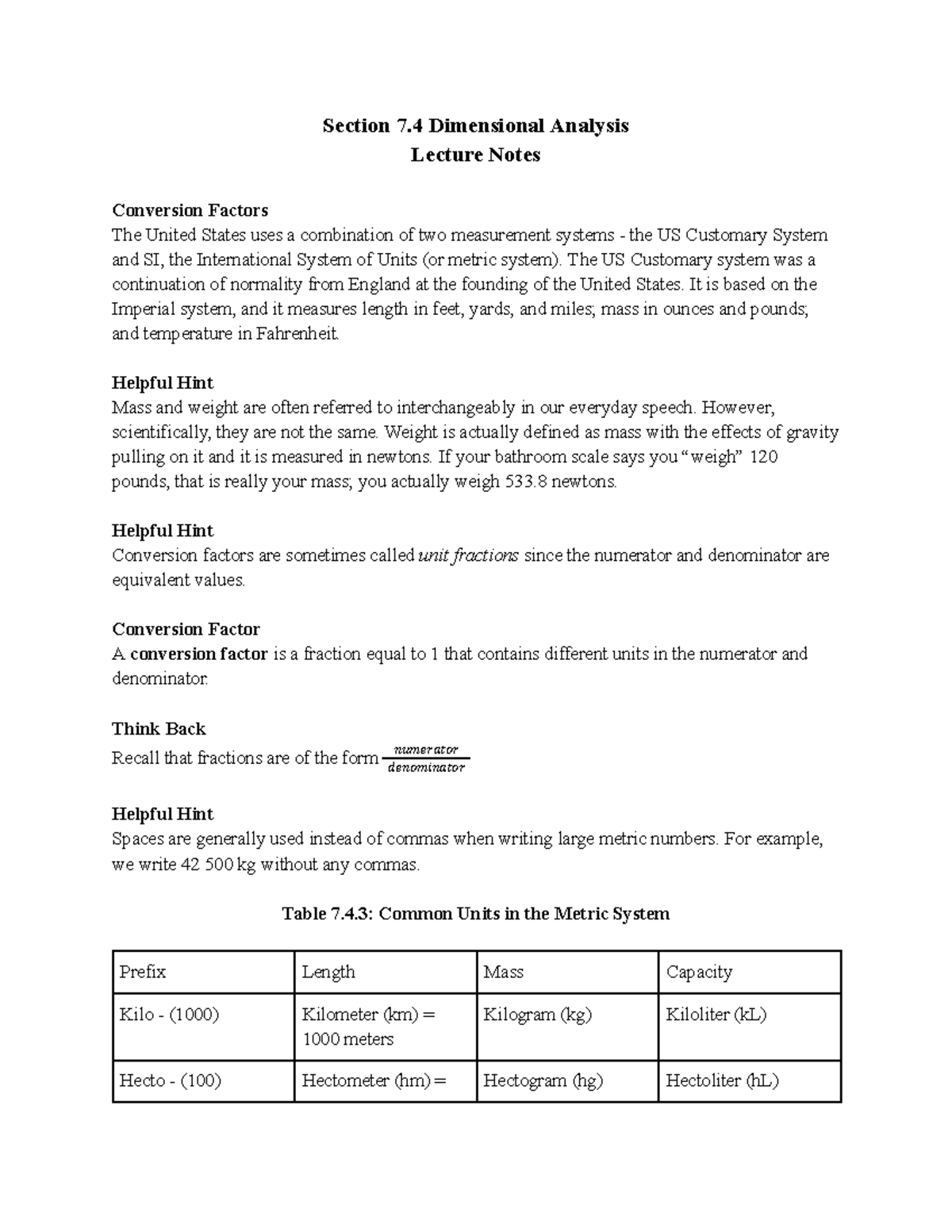 Section 7.4 Notes - Section 7 Dimensional Analysis Lecture Notes ...