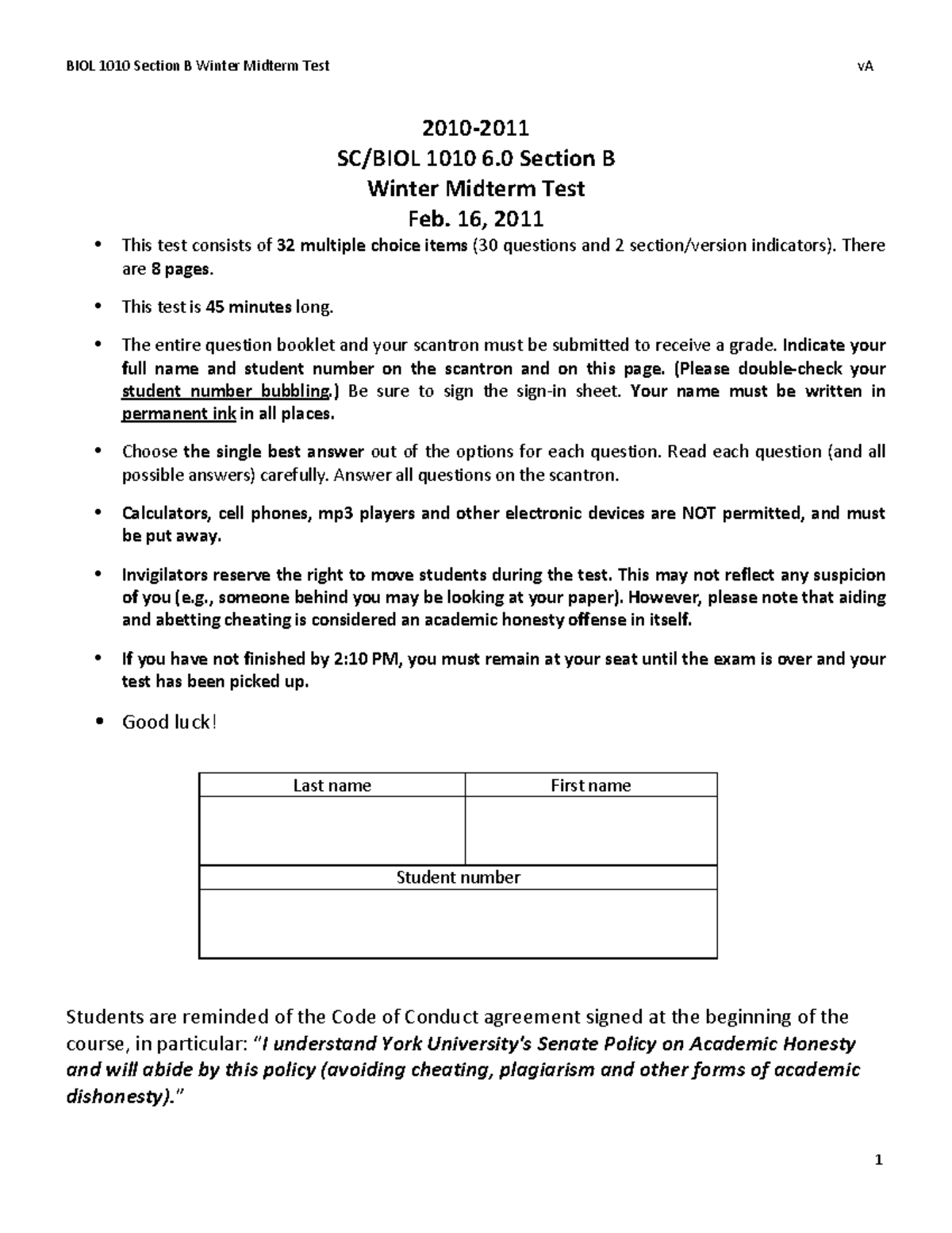 Exam 16 February 2011, questions and answers - midterm - BIOL 1010 ...