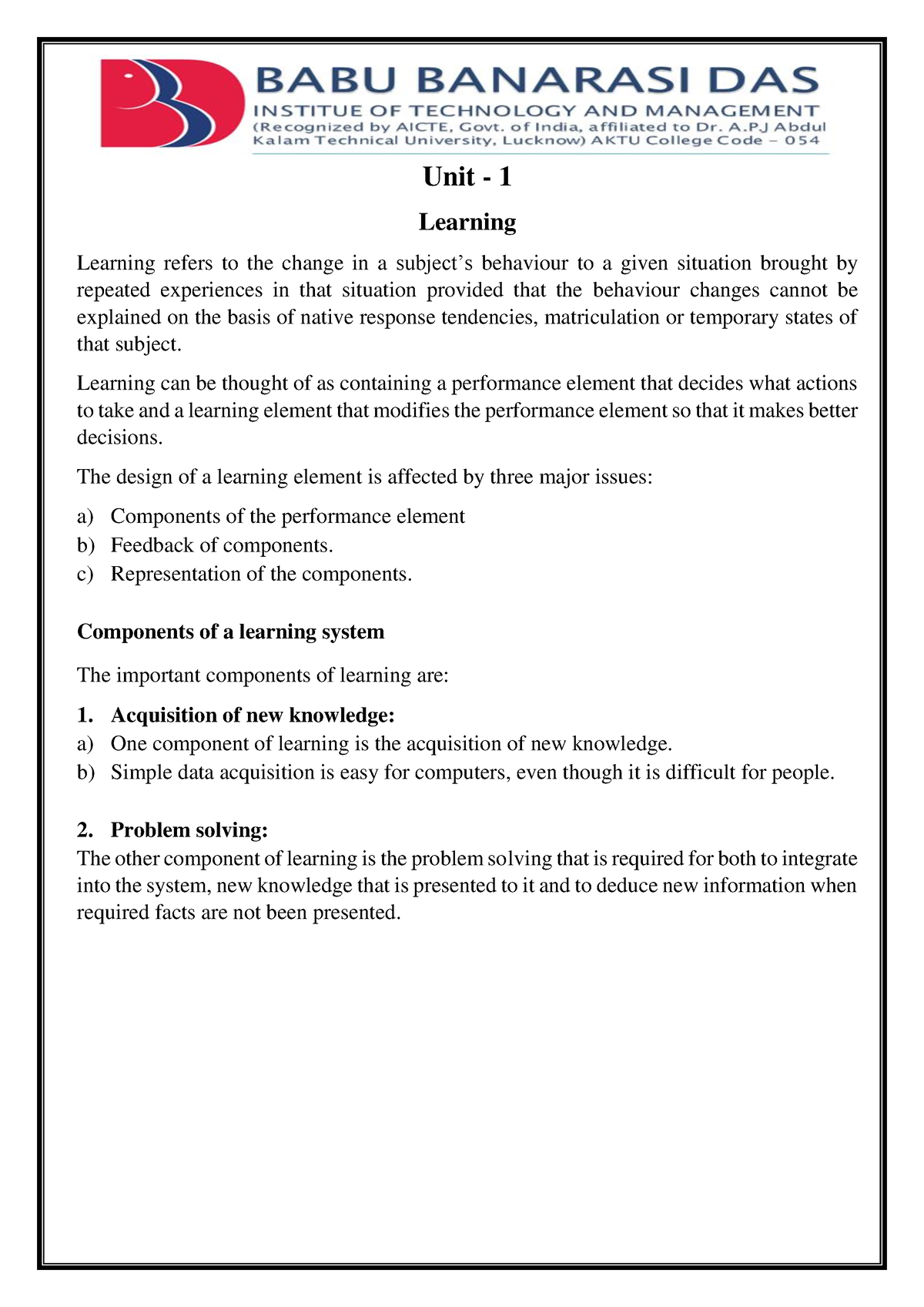 Unit 1 - Machine Learning Techniques - Unit - 1 Learning Learning ...