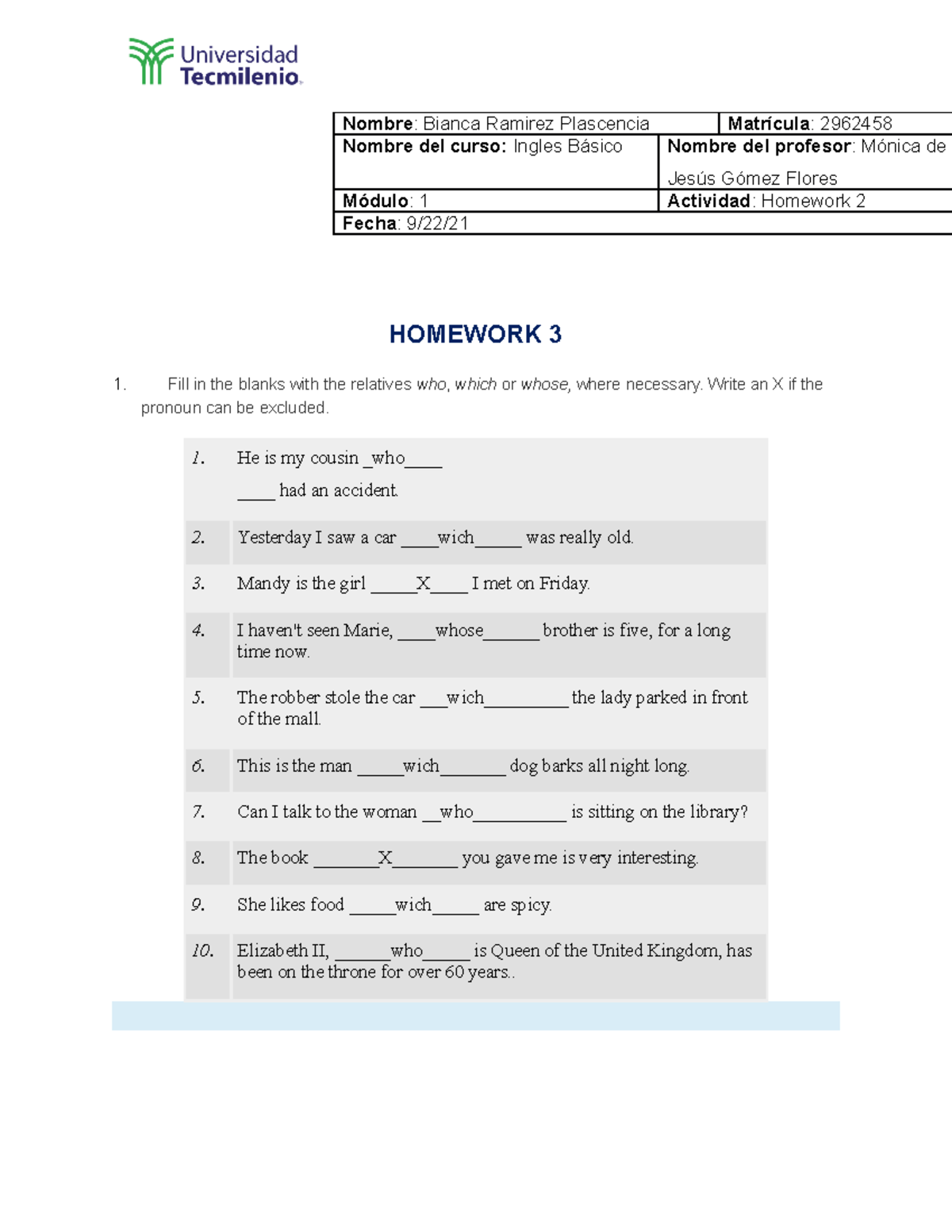 Ingles Basico Homework 3 - TecMilenio - Studocu