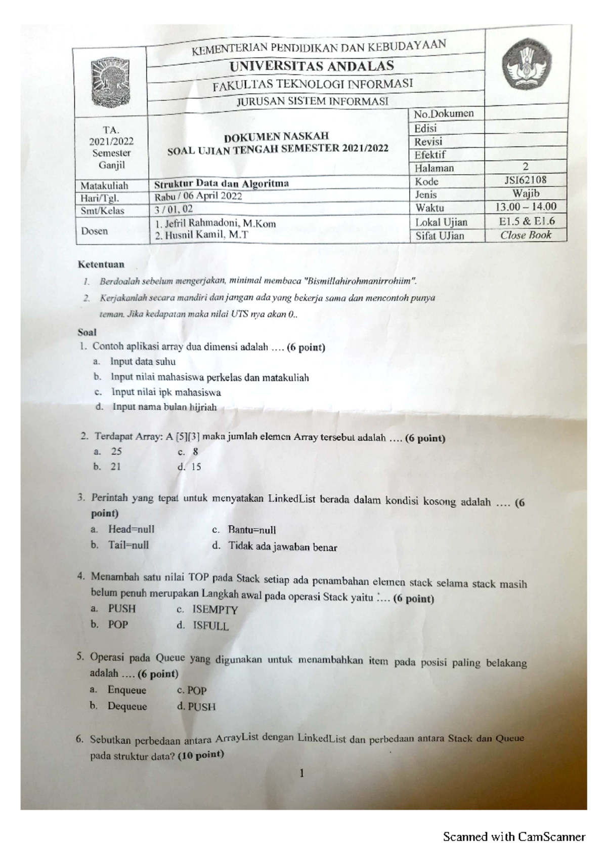 UTS SDA 2021-2022 - Soal Ujian - Struktur Data - Scanned with ...