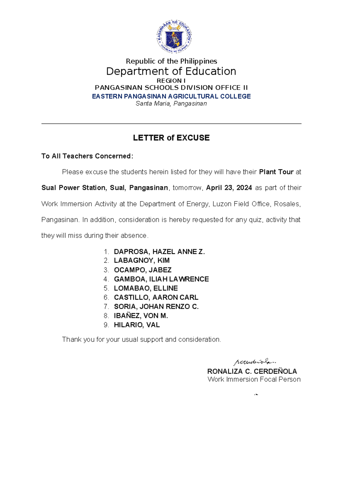 Excuse letter - Republic of the Philippines Department of Education ...