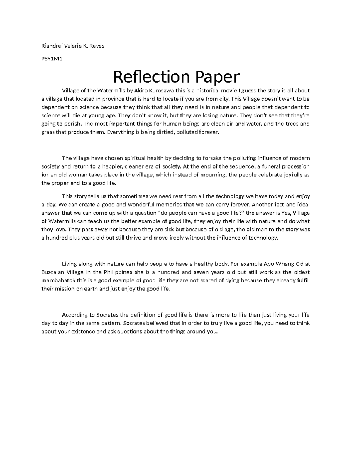 Reyes Reflection Paper STS - Riandrei Valerie K. Reyes PSY1M Reflection ...