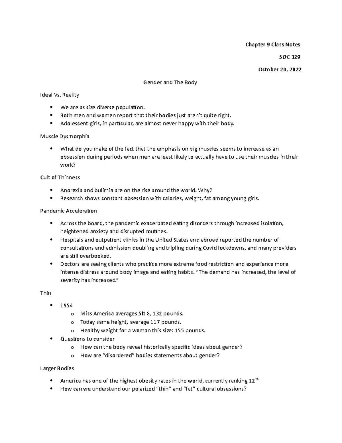 Health and Illness Class Notes - Chapter 9 Class Notes SOC 329 October ...