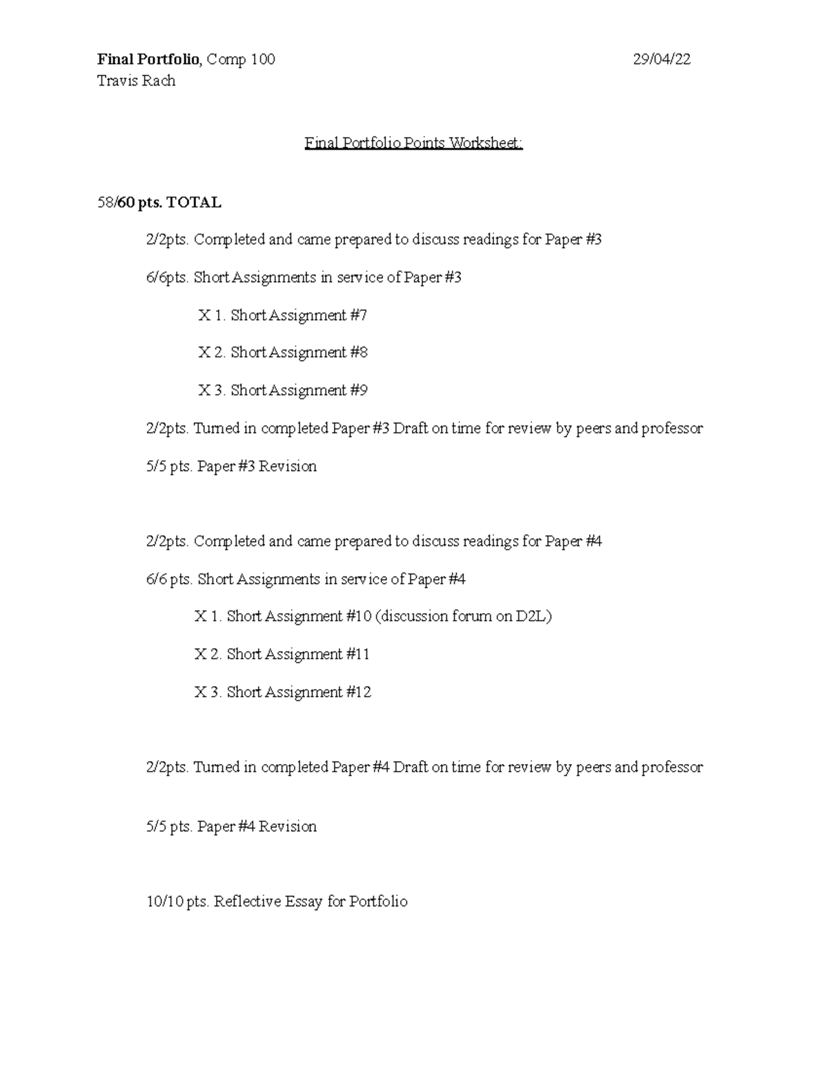 Final Portfolio - Travis Rach Final Portfolio Points Worksheet: 58/60 ...