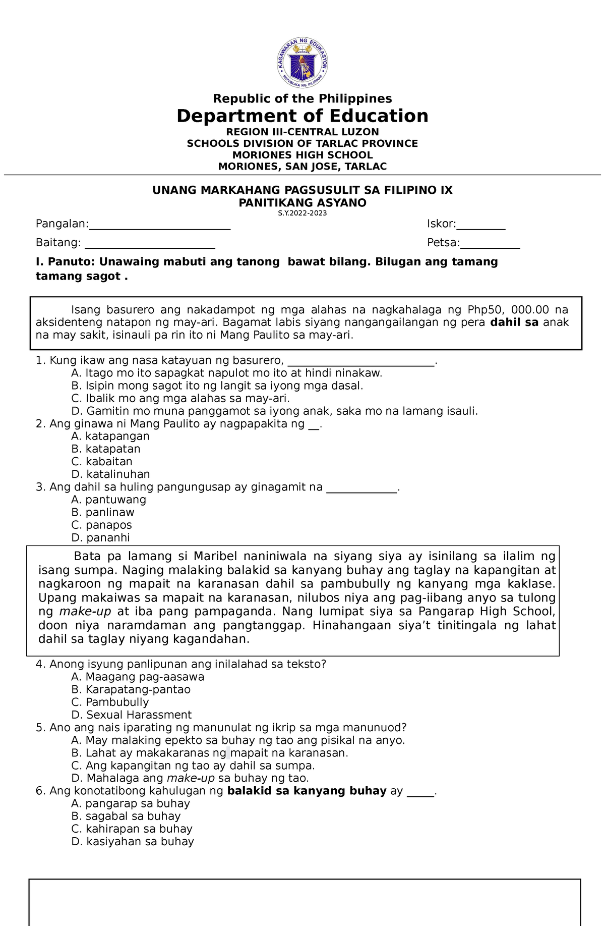 FIL 9 1ST Quarter EXAM - Republic Of The Philippines Department Of ...