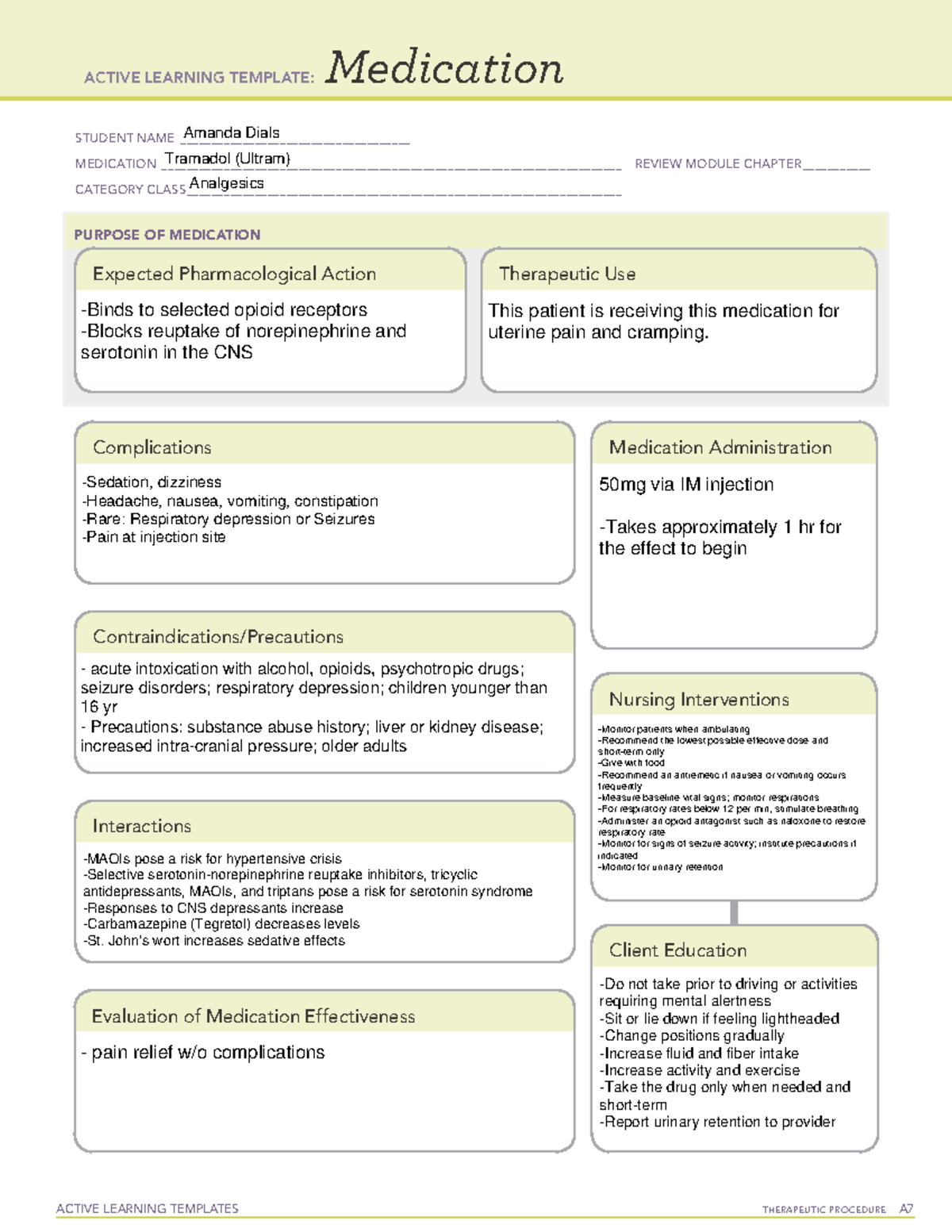 Tramadol ATI Template - ACTIVE LEARNING TEMPLATES THERAPEUTIC PROCEDURE ...