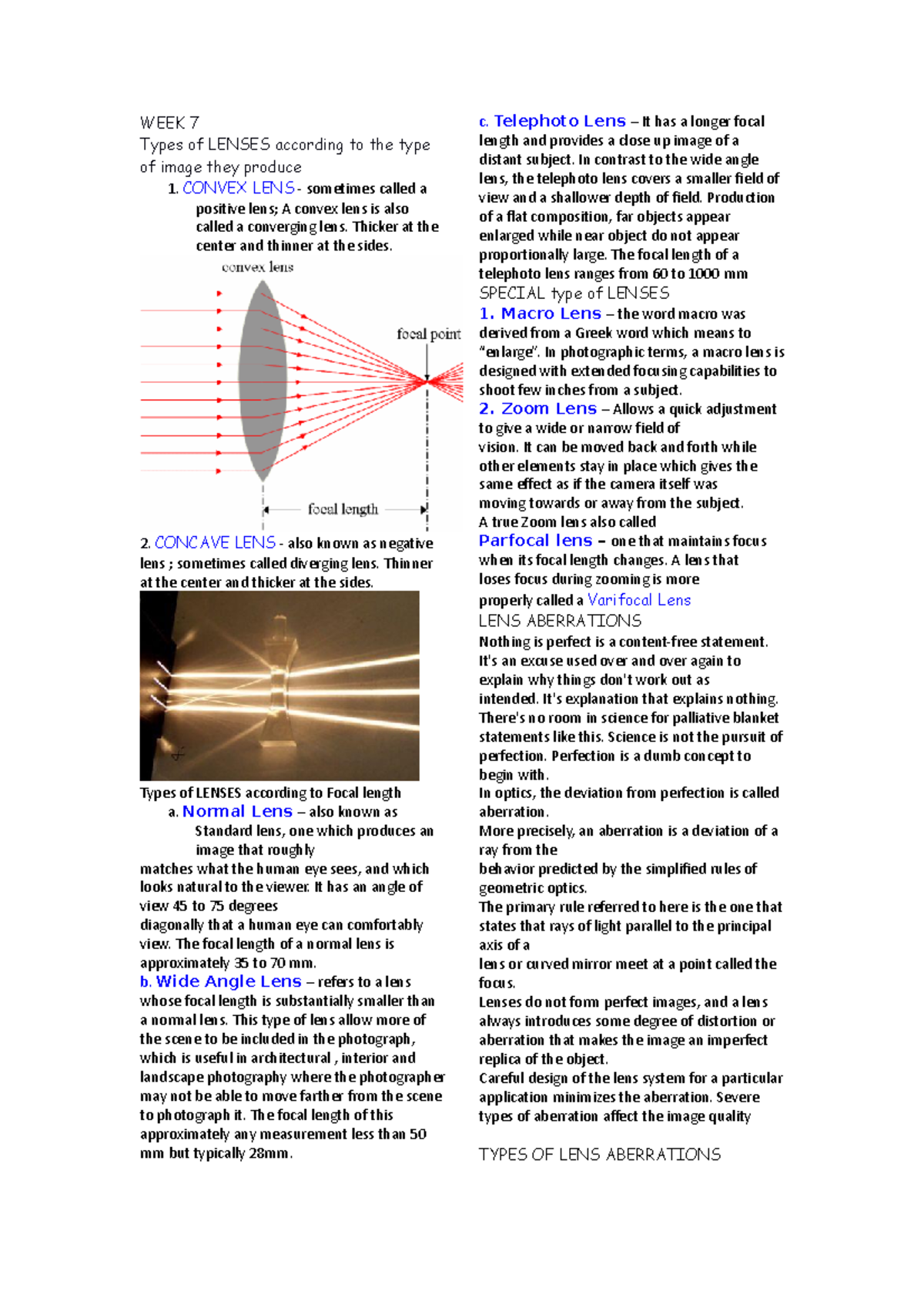 FORSmidterm study hard WEEK 7 Types of LENSES according to the type
