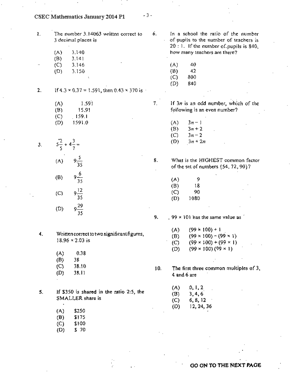 CSEC January 2014 Mathematics P1 - L The number 3. I 4063 written ...