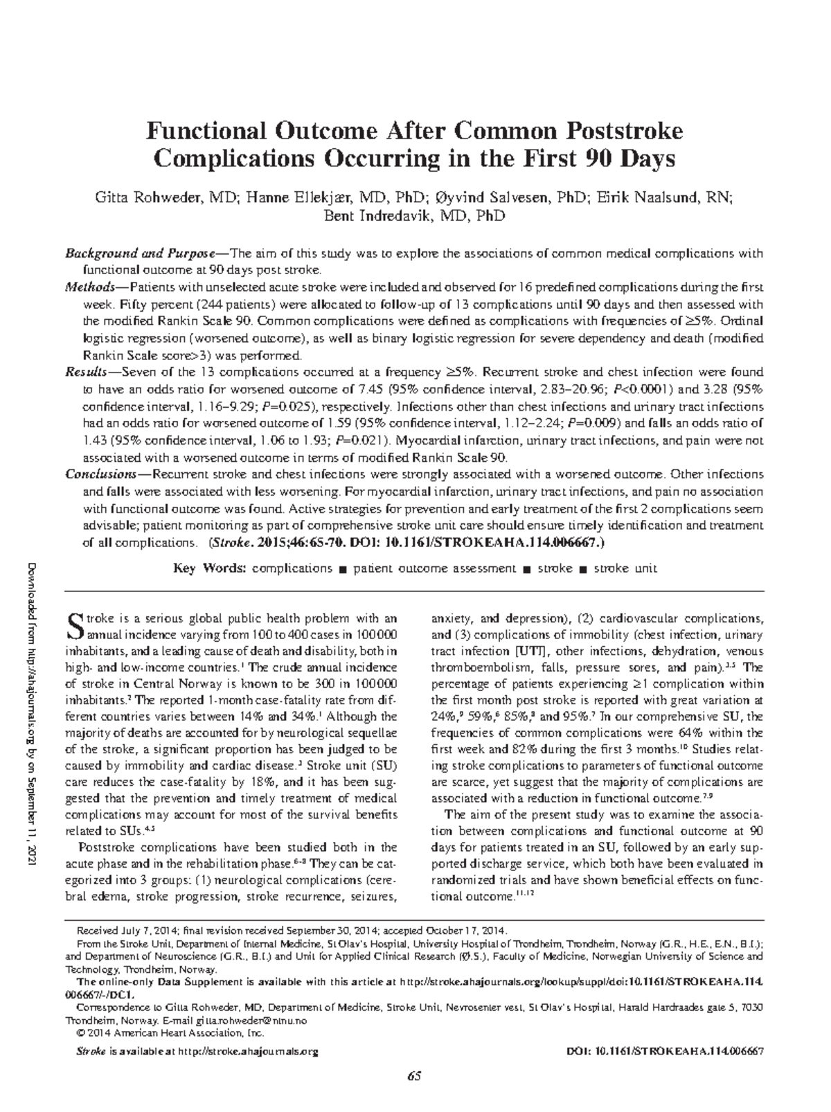 Functional Outcome After Common Poststroke - 65 S troke is a serious ...