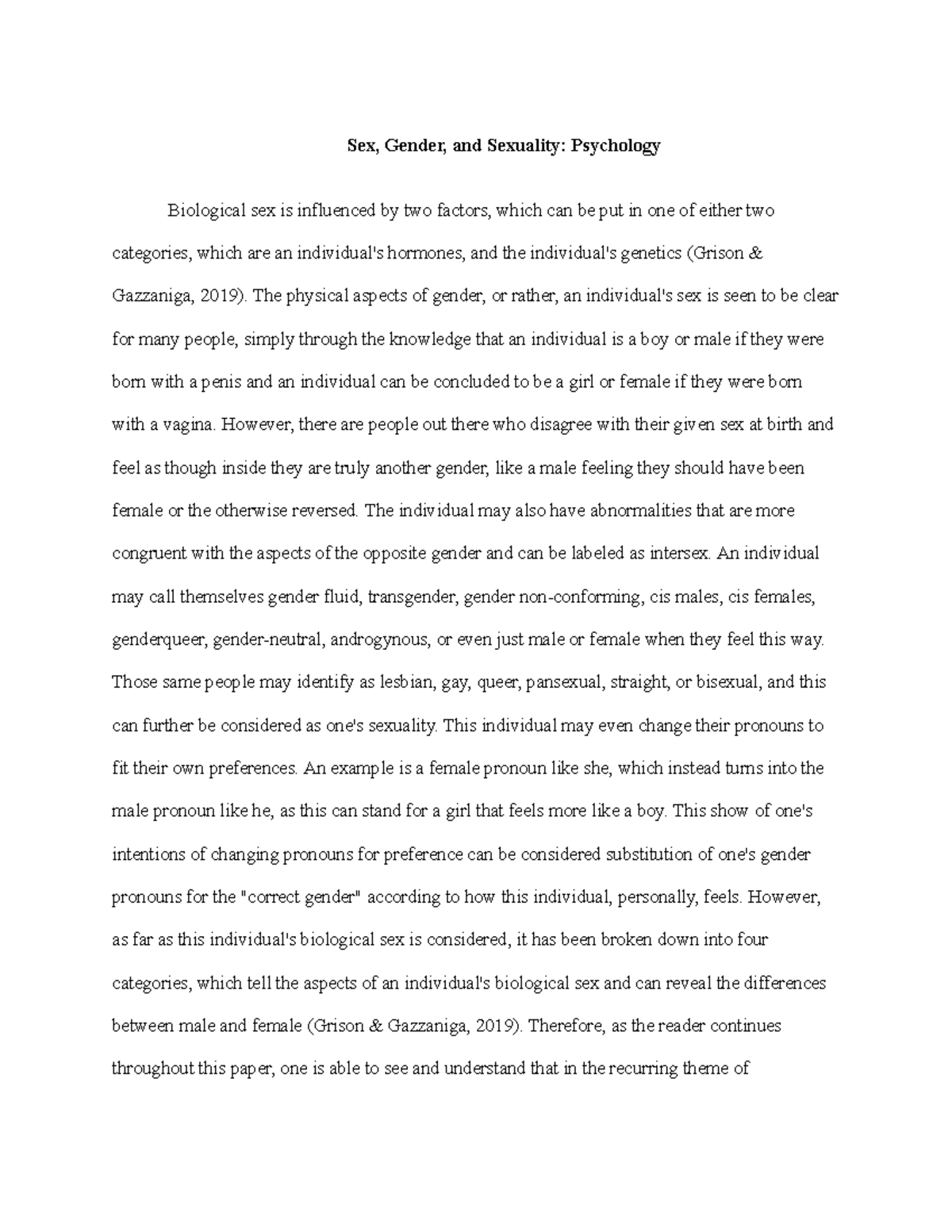 Paper On Sex Gender And Sexuality Draft Sex Gender And Sexuality Psychology Biological Sex 2553