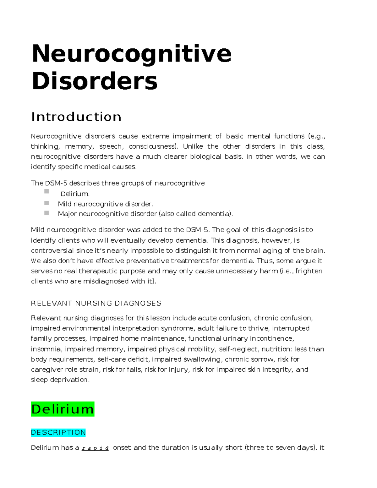 Chapter 24 - Neurocognitive Disorders Introduction Neurocognitive ...