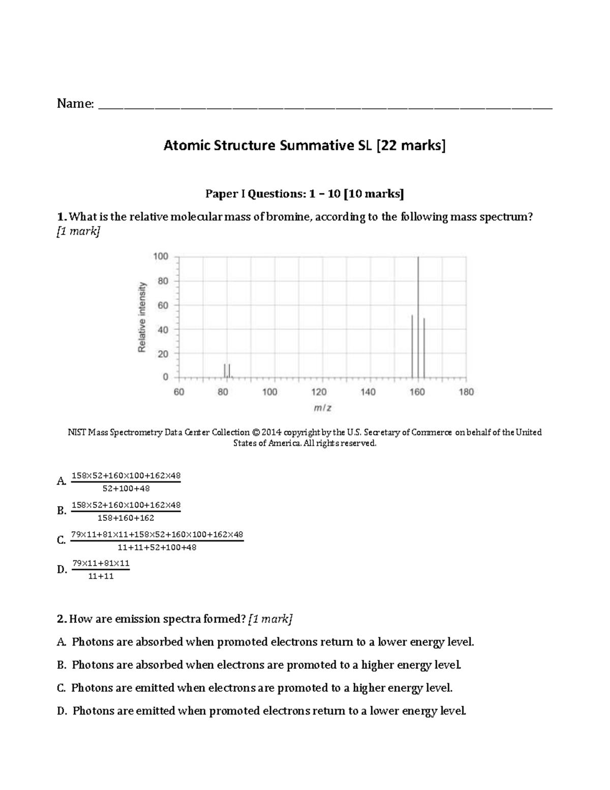Atomic Structure Summative SL - Name: - Studocu