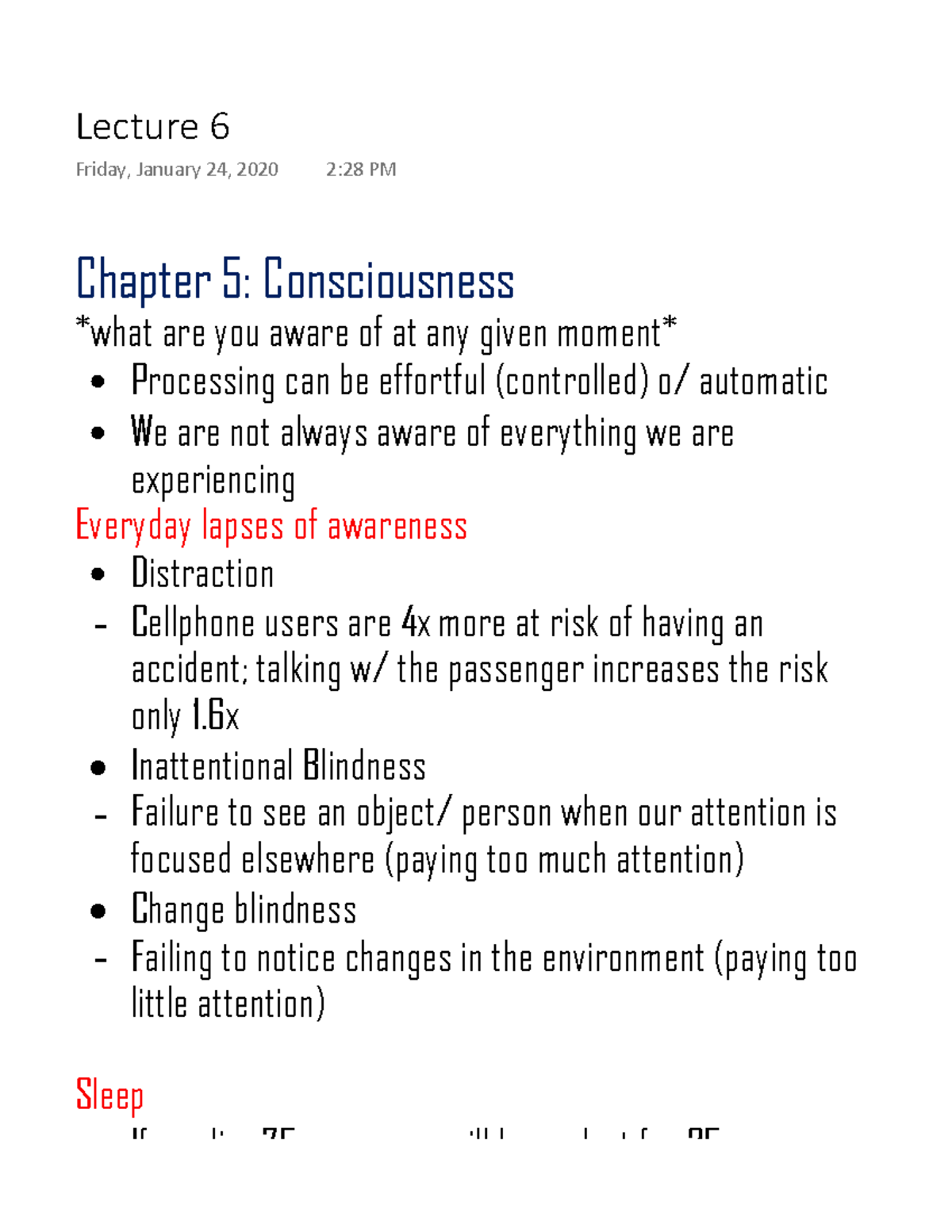 Lecture 6 Psych - Notes - Chapter 5: Consciousness What Are You Aware ...