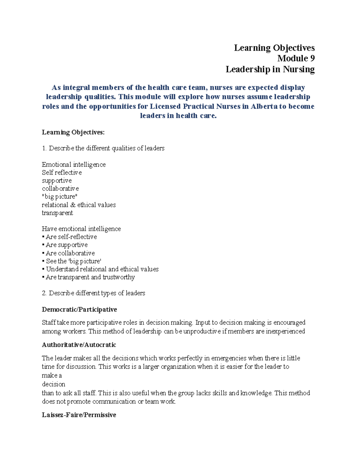 Nursing Arts LO Module 9 - Learning Objectives Module 9 Leadership in ...