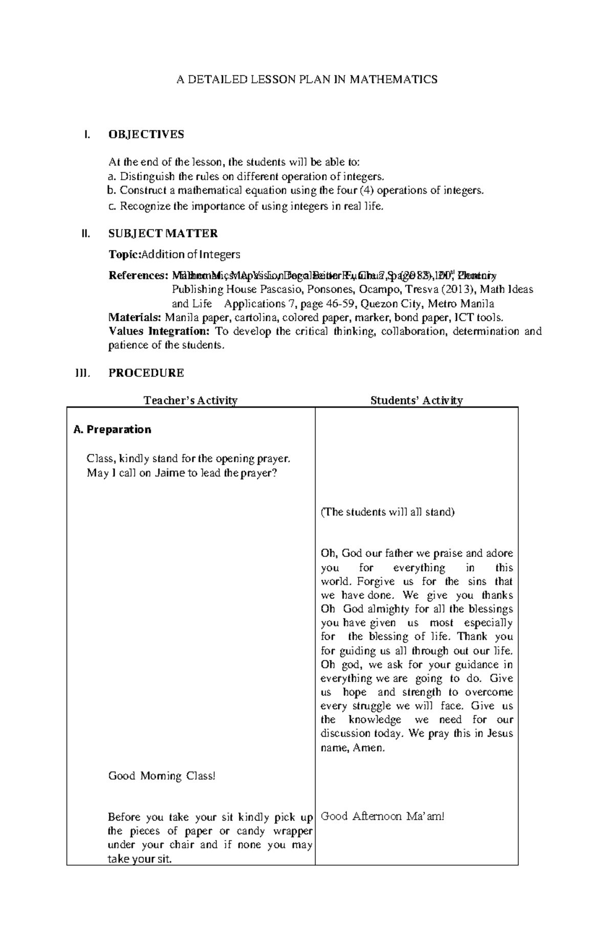 Operations On Integers Detailed Lesson Plan A DETAILED LESSON PLAN IN 