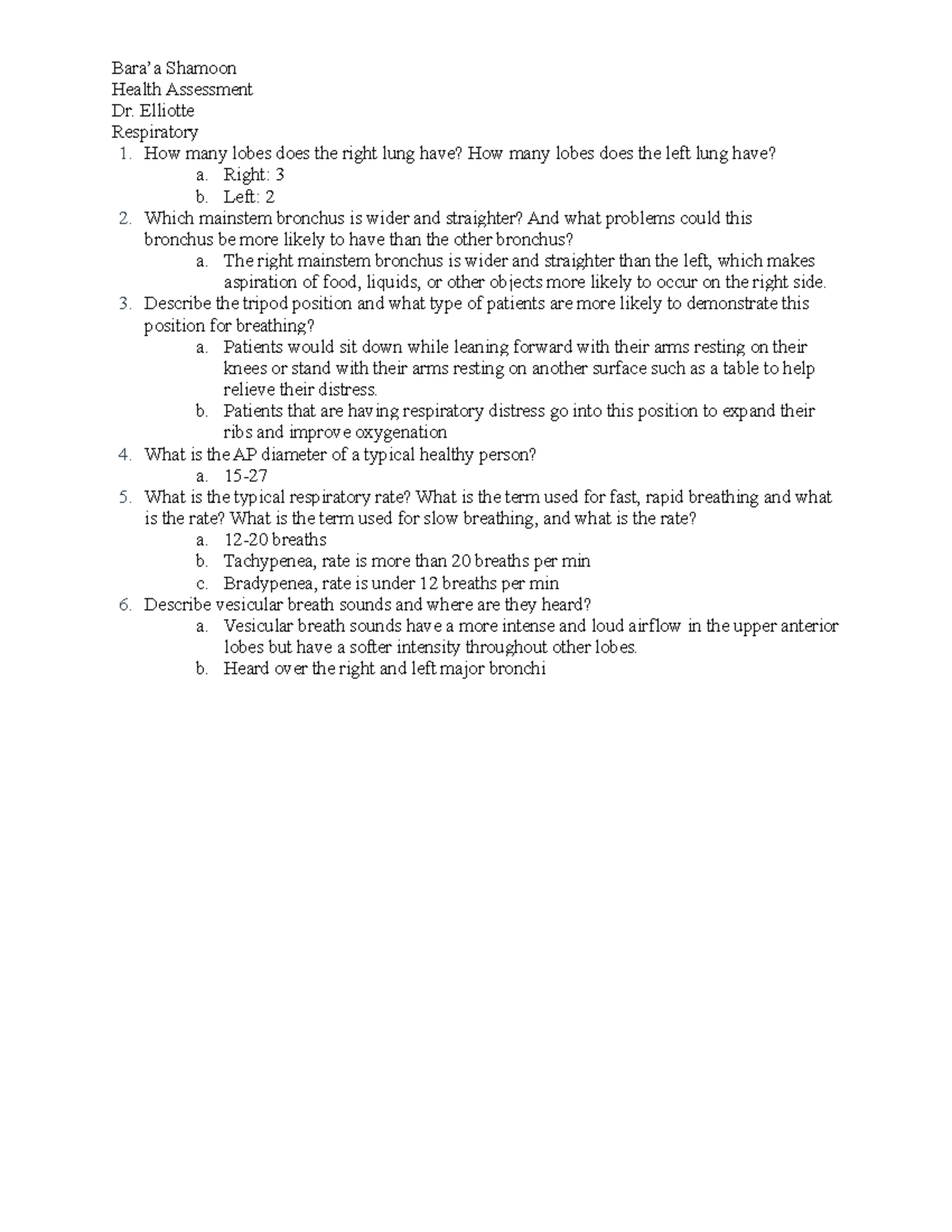 Respiratory - lecture notes - Bara’a Shamoon Health Assessment Dr ...