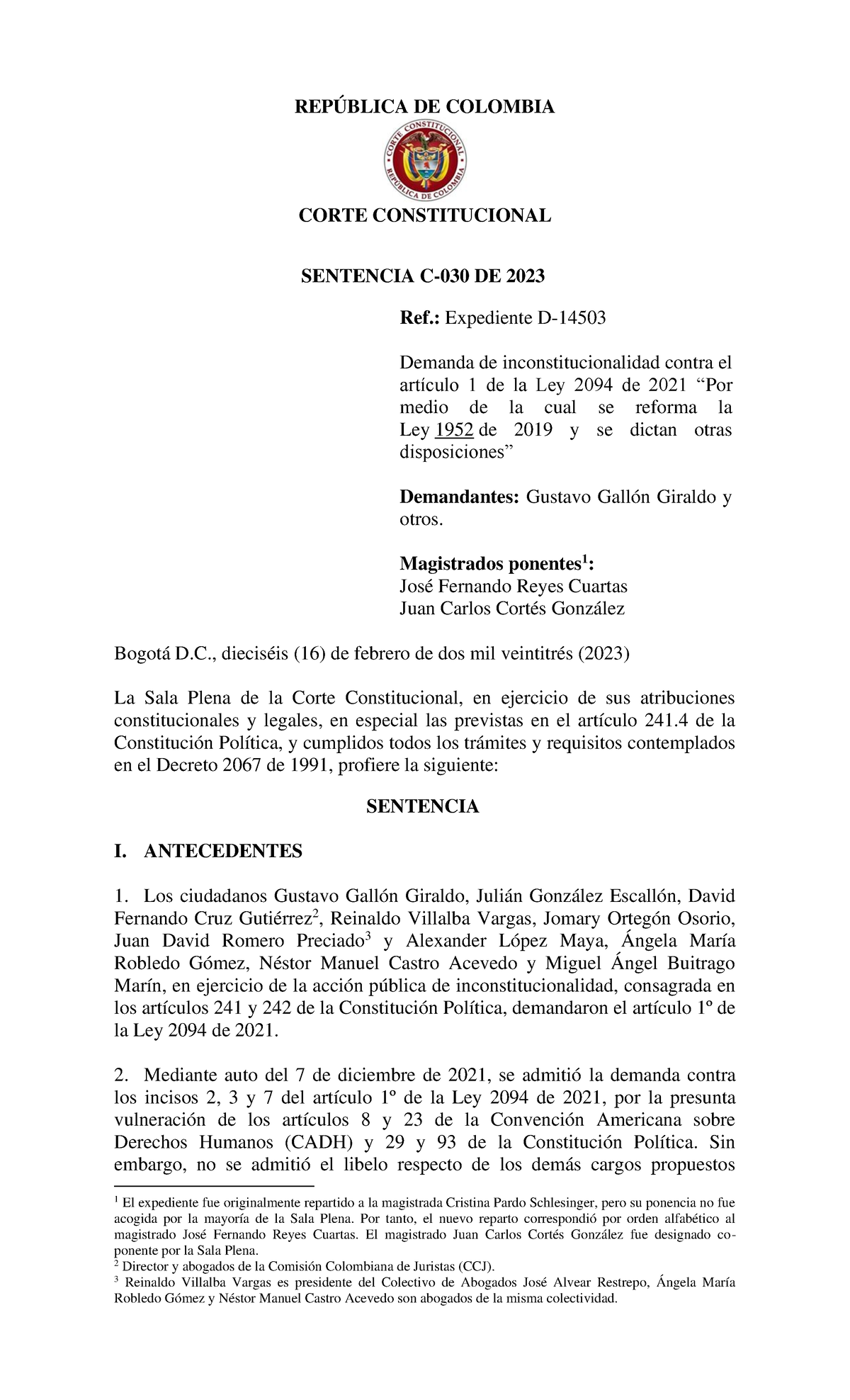 C-030-23 - SENTENCIA CORTE CONSTITUCIONAL - REPÚBLICA DE COLOMBIA CORTE