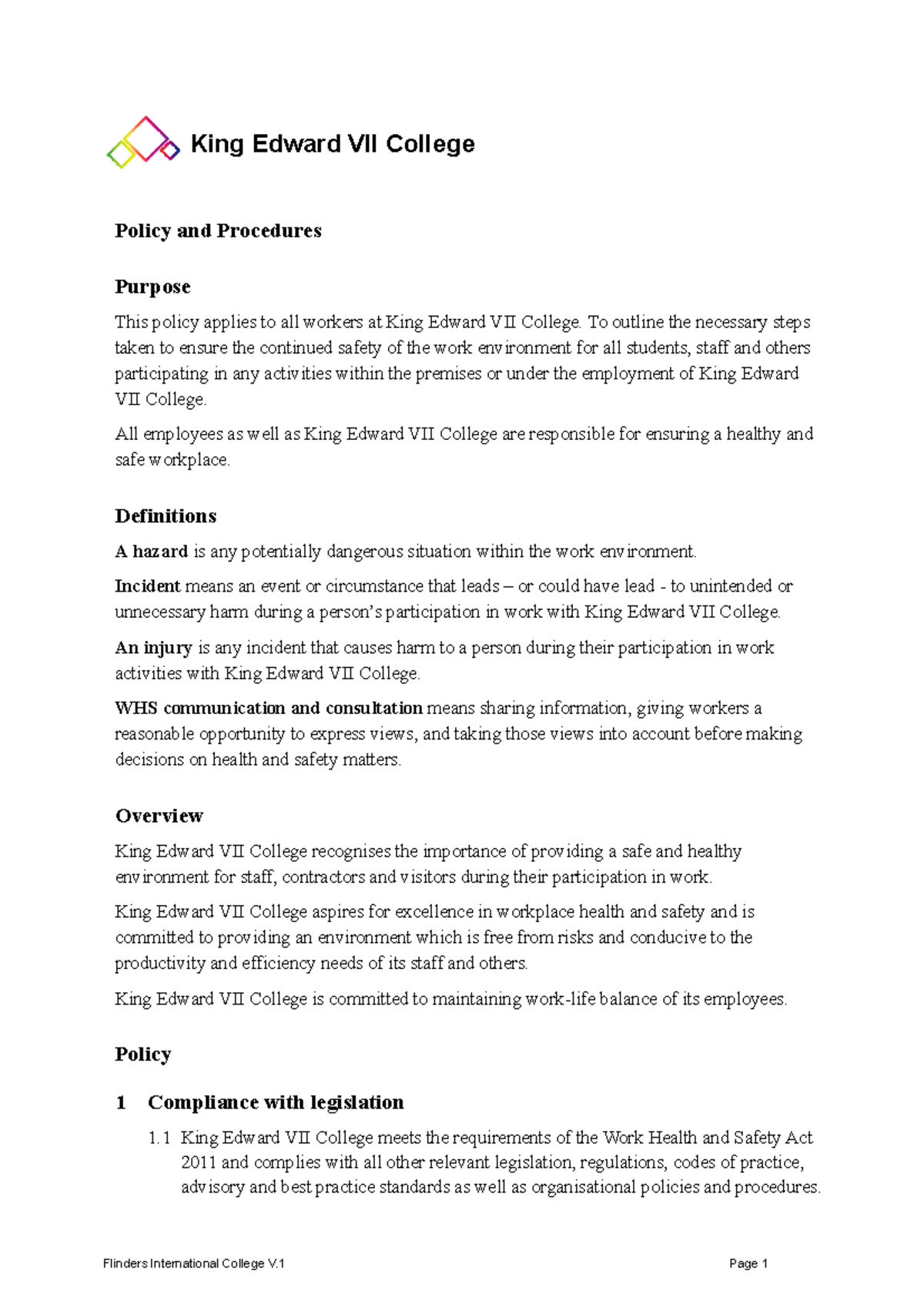 Updated Health and Safety Policy and Procedures King Edward VII College Policy and Procedures