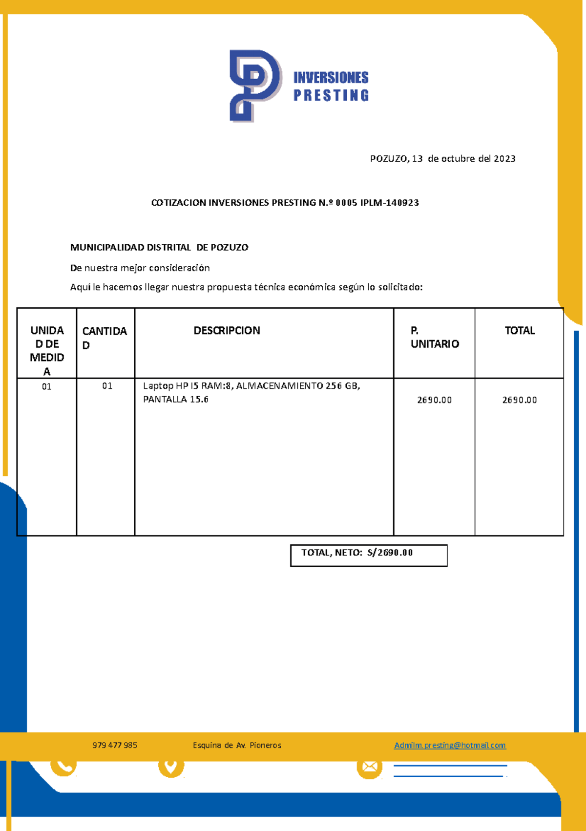 Digital cotizacion presting Laptop - POZUZO, 13 de octubre del 2023 ...