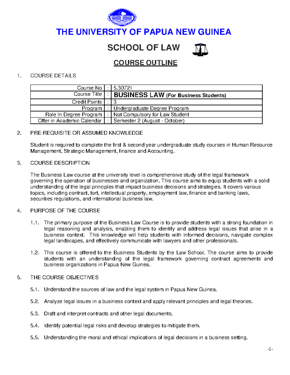 Business Law Course Outline 2024 - THE UNIVERSITY OF PAPUA NEW GUINEA ...