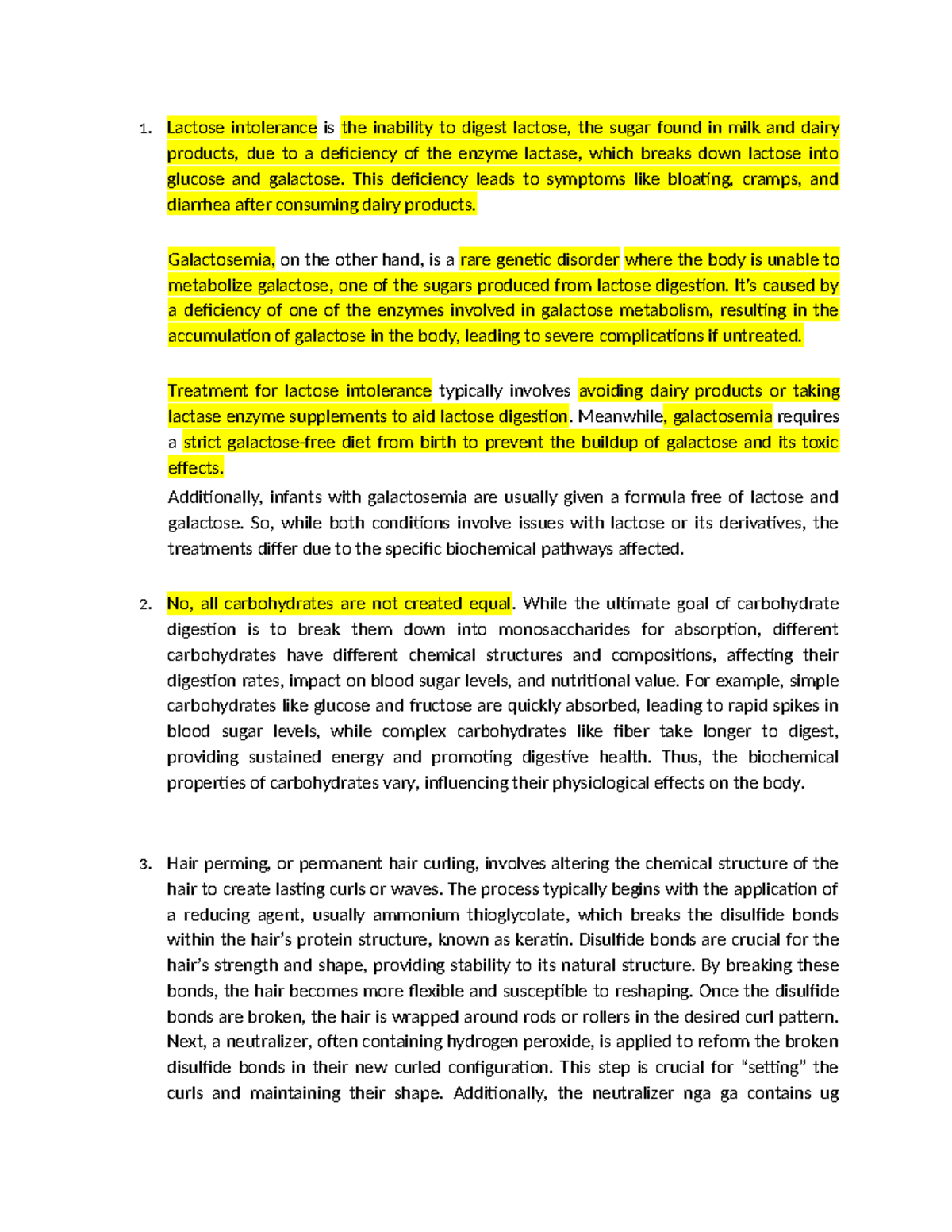 Biochem Recit - 1. Lactose intolerance is the inability to digest ...