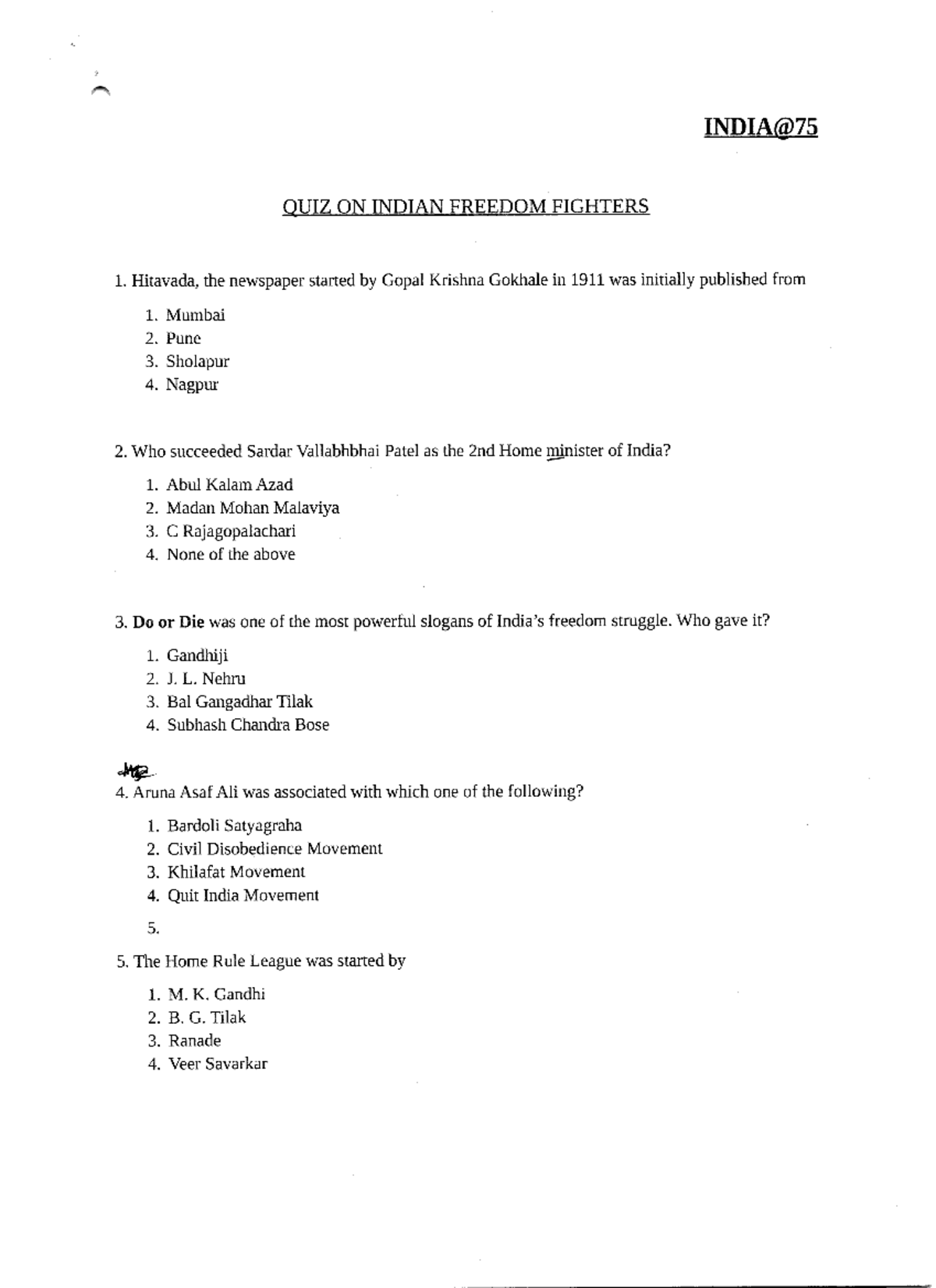 Indian freedom fighter quiz - history on india - Studocu