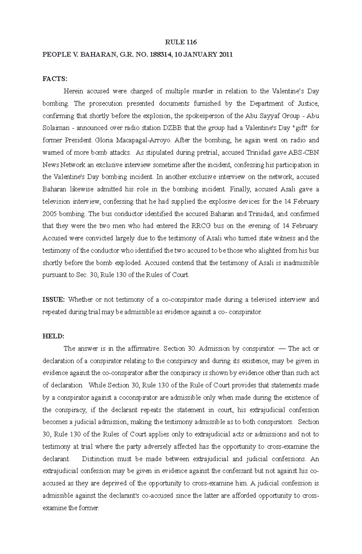Rule-116-117 - SUMMARIES - RULE 116 PEOPLE V. BAHARAN, G. NO. 188314 ...