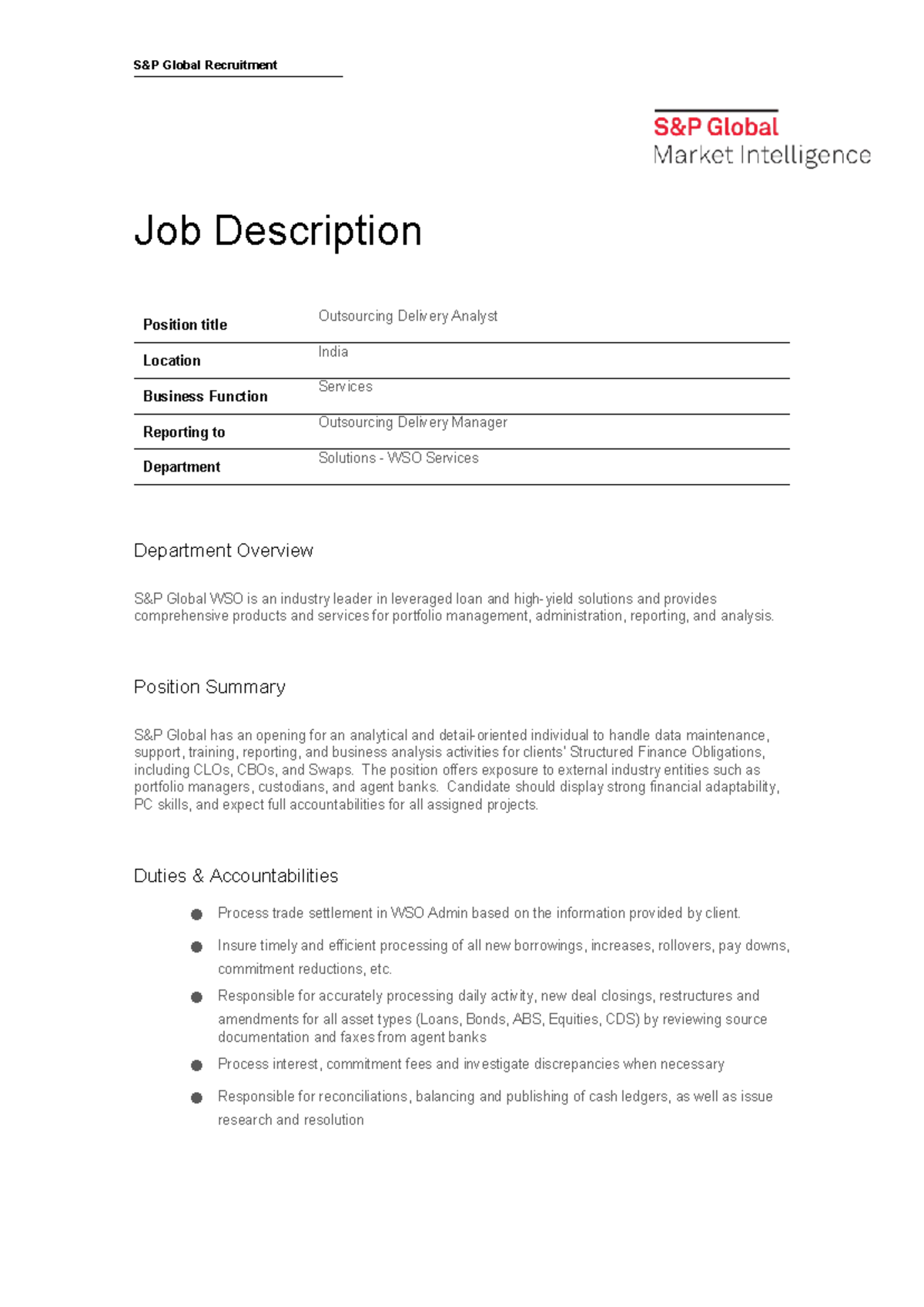 Job Description - Outsourcing Delivery Analyst - S&P Global Recruitment ...