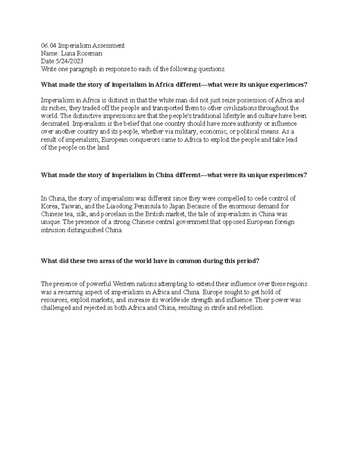 Imperialism wh Luna Roseman - 06 Imperialism Assessment Name: Luna ...
