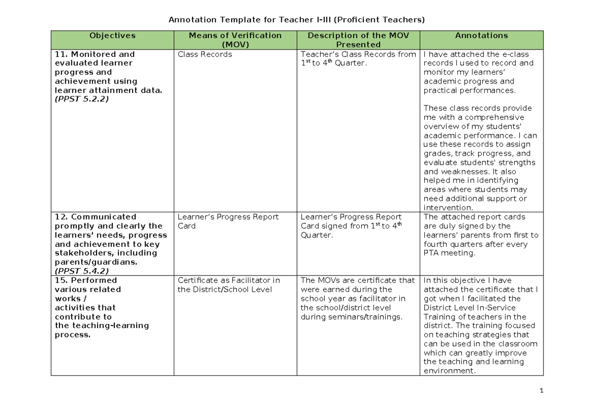 Annotation Template FOR Teacher I III - Annotation Template for Teacher ...