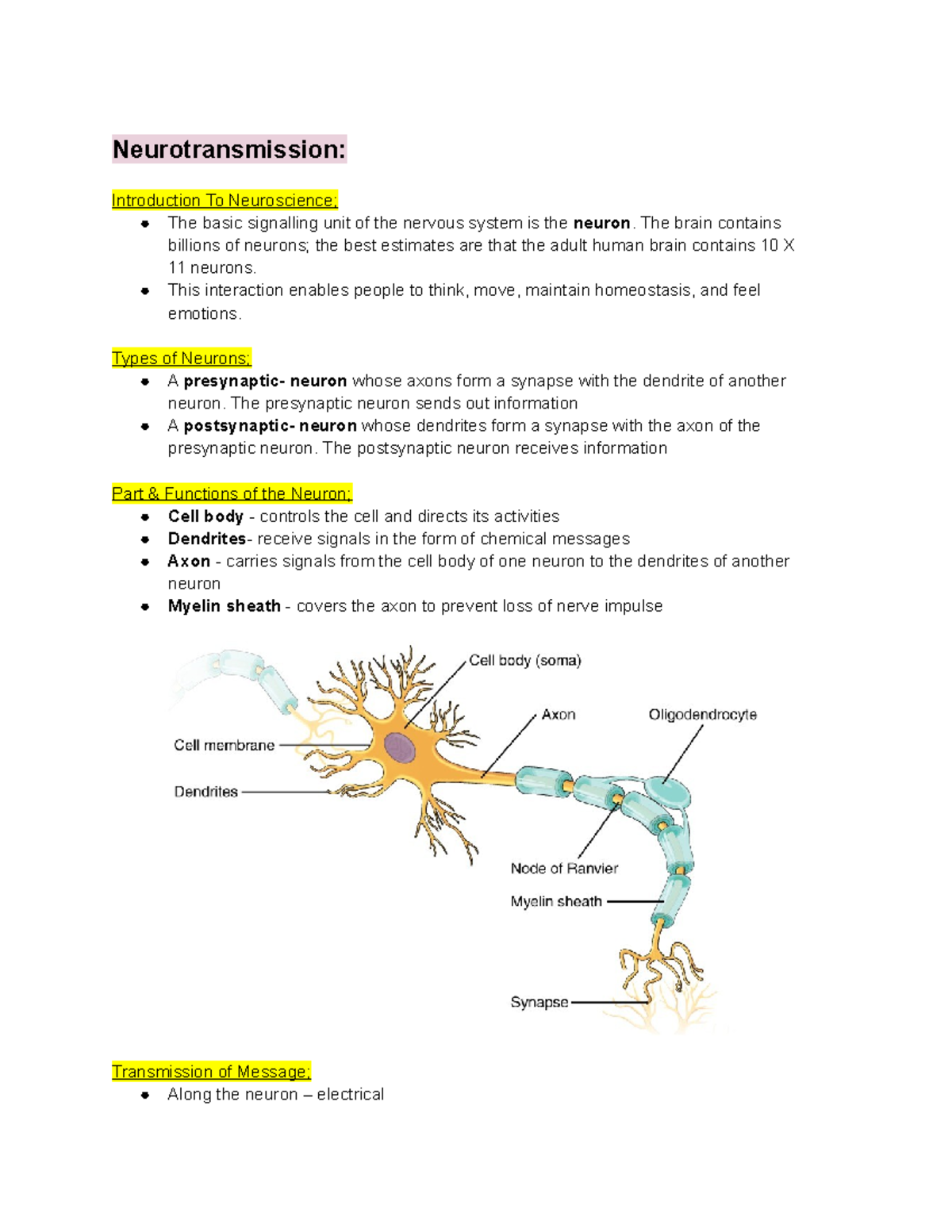 Neurotransmission - notes - Neurotransmission: Introduction To ...