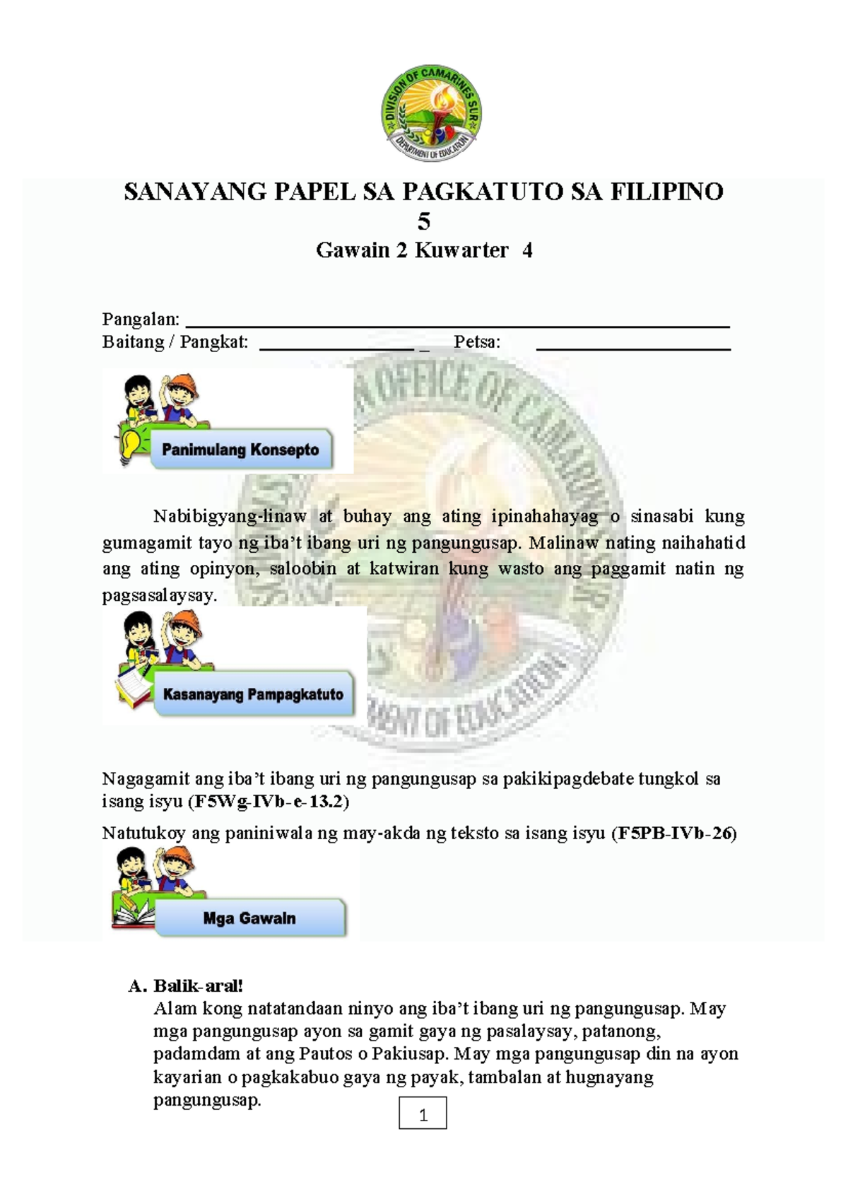 LAS 2 Fil 5 Q4 - SANAYANG PAPEL SA PAGKATUTO SA FILIPINO 5 Gawain 2 ...