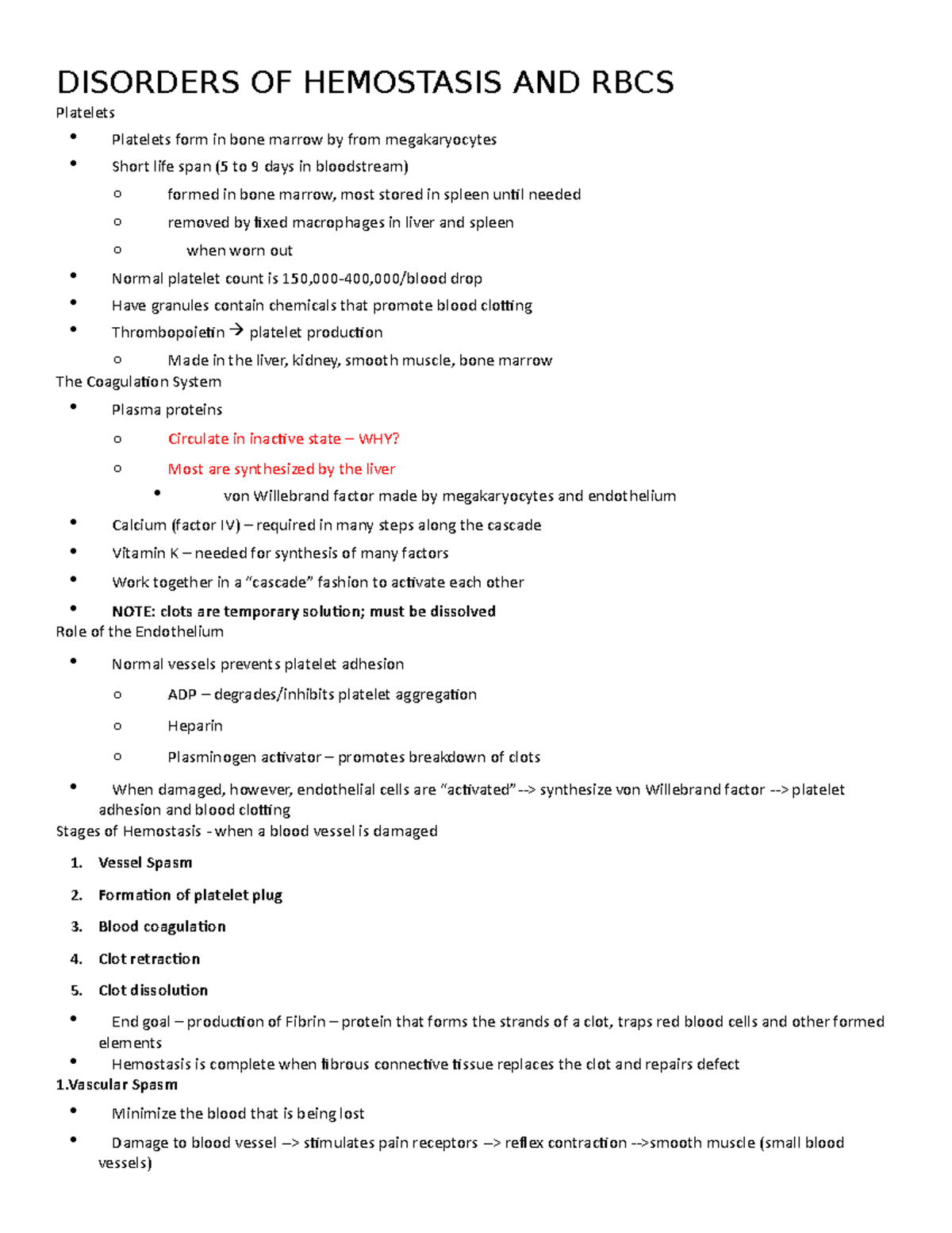 Disorders OF Hemostasis AND RBCS - DISORDERS OF HEMOSTASIS AND RBCS ...