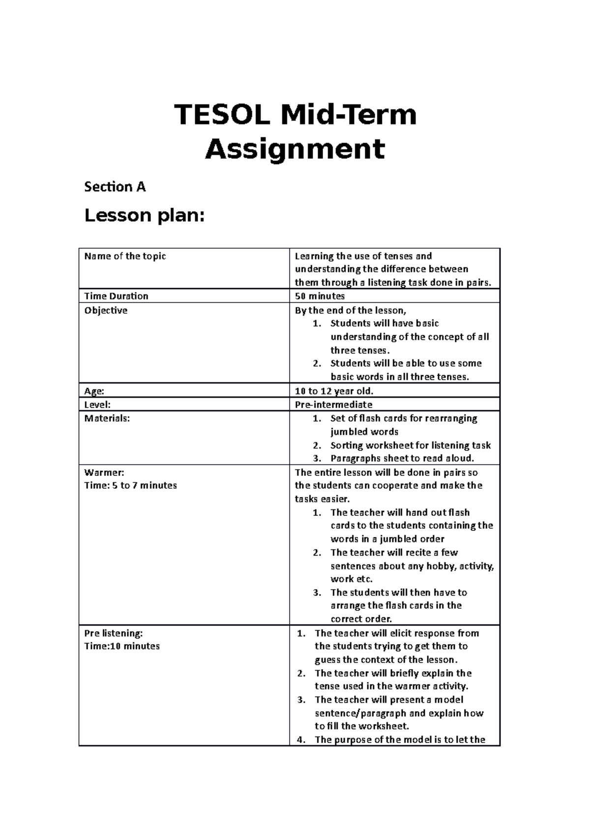 Assignment - TESOL Mid-Term Assignment Section A Lesson plan: Name of ...