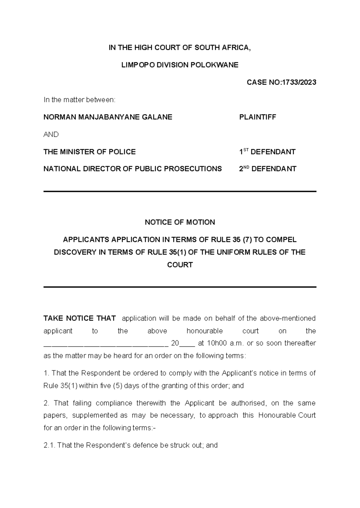 notice of motion TO COMPEL discovery - IN THE HIGH COURT OF SOUTH ...