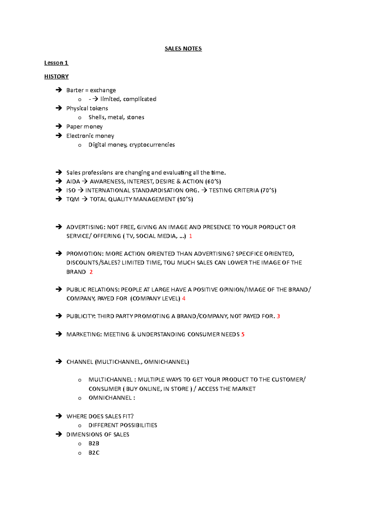 Sales Notes - SALES NOTES Lesson 1 HISTORY Barter = exchange o ...