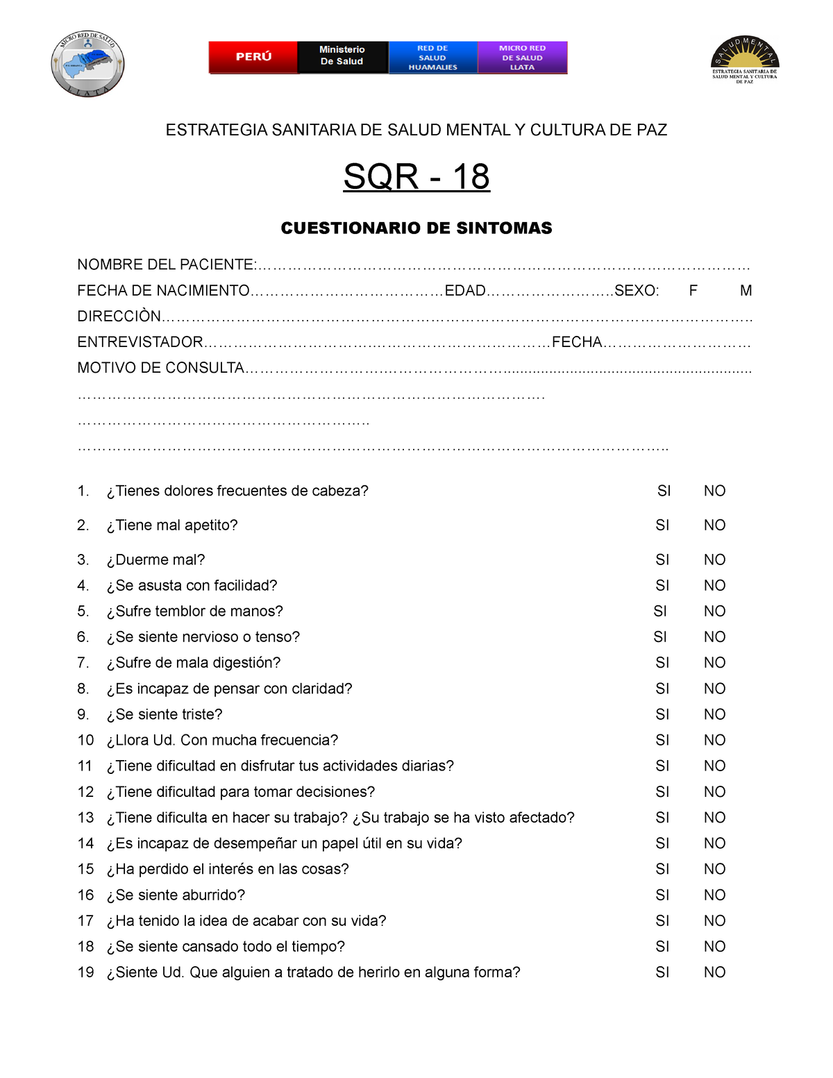 Formato DE Cuestionario DE Sintomas-SQR18 - ESTRATEGIA SANITARIA DE ...