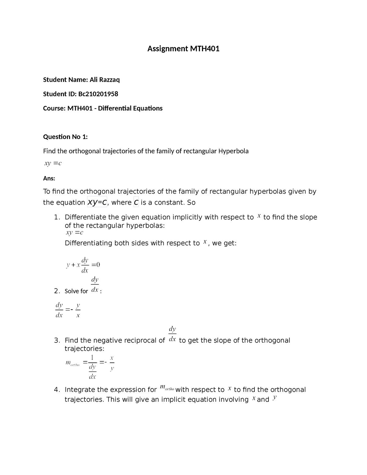 Assignment MTH202 - Assignment MTH Student Name: Ali Razzaq Student ID ...