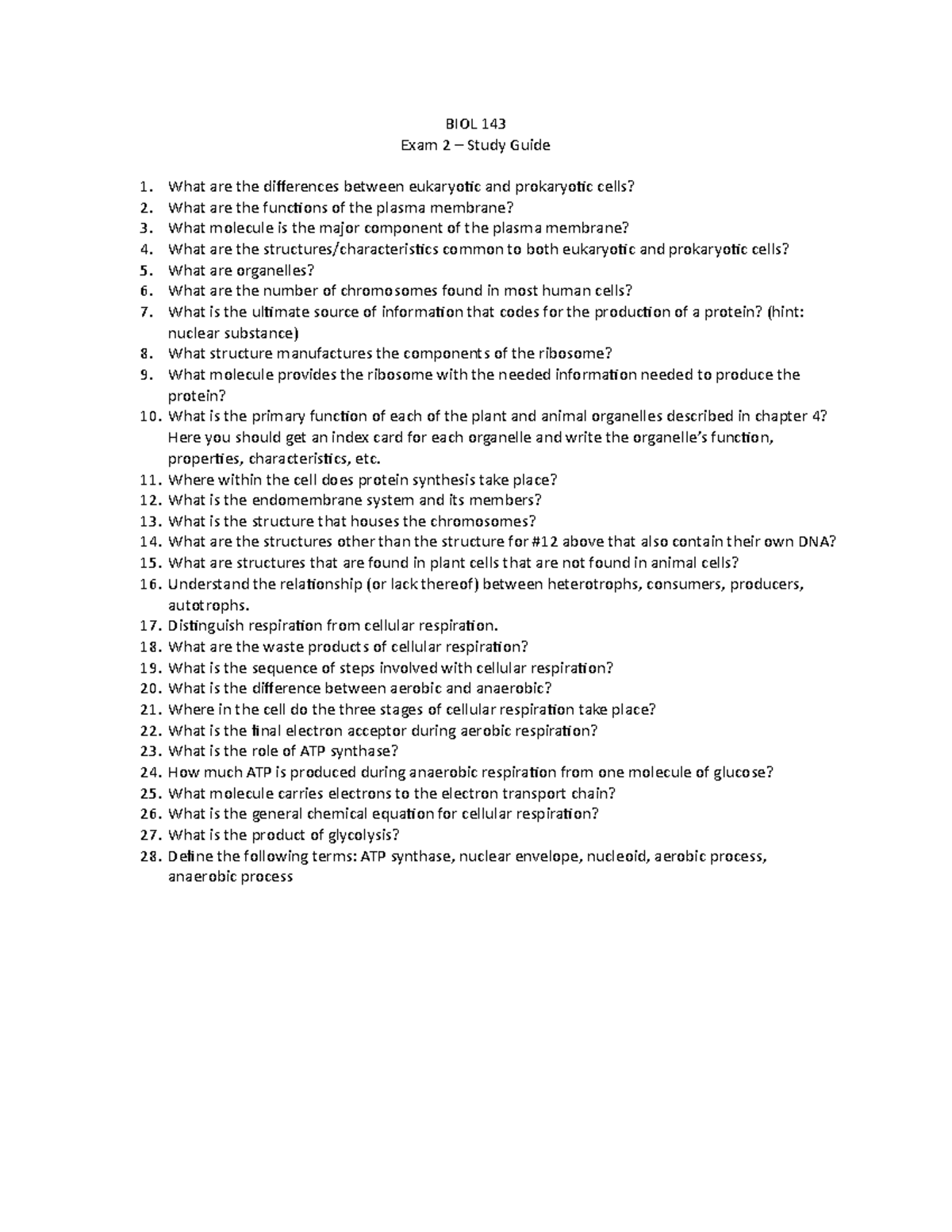 Exam 2 study guide 2 - questions - BIOL 143 Exam 2 – Study Guide What ...