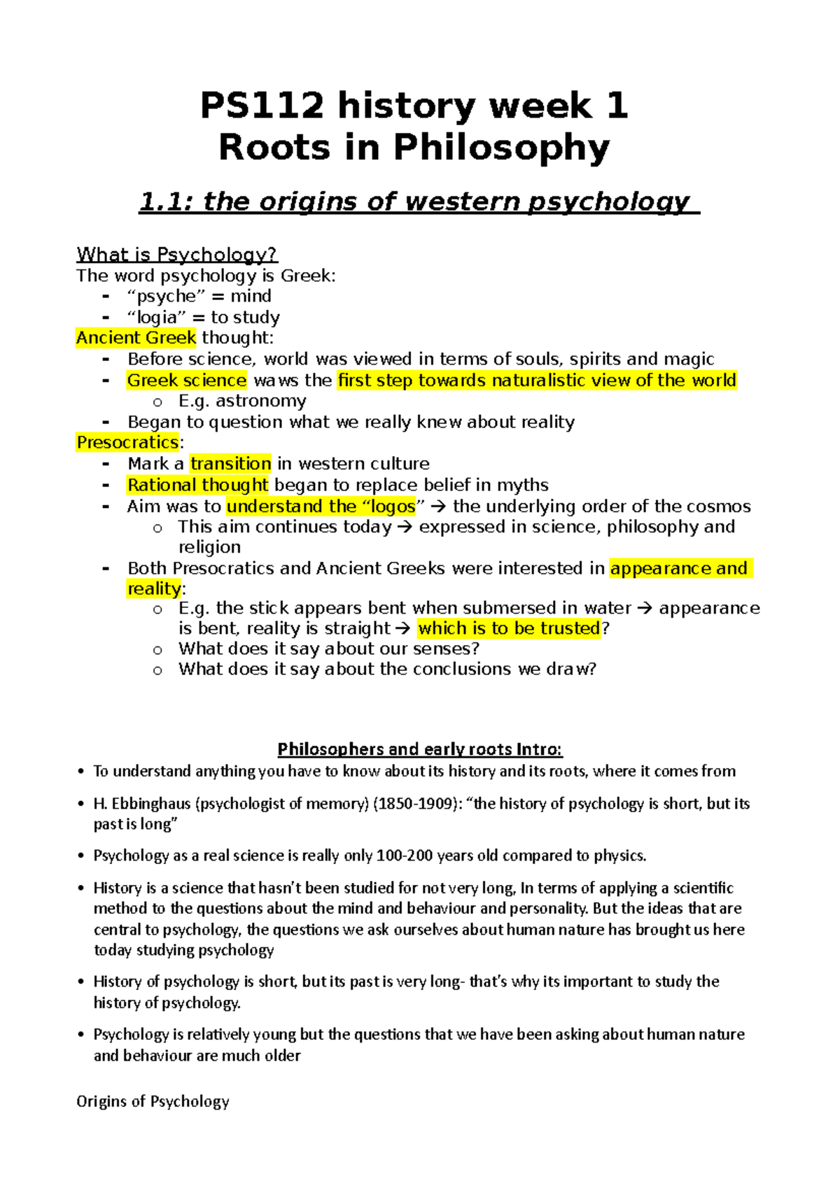 112 history of psychology notes - PS112 history week 1 Roots in ...