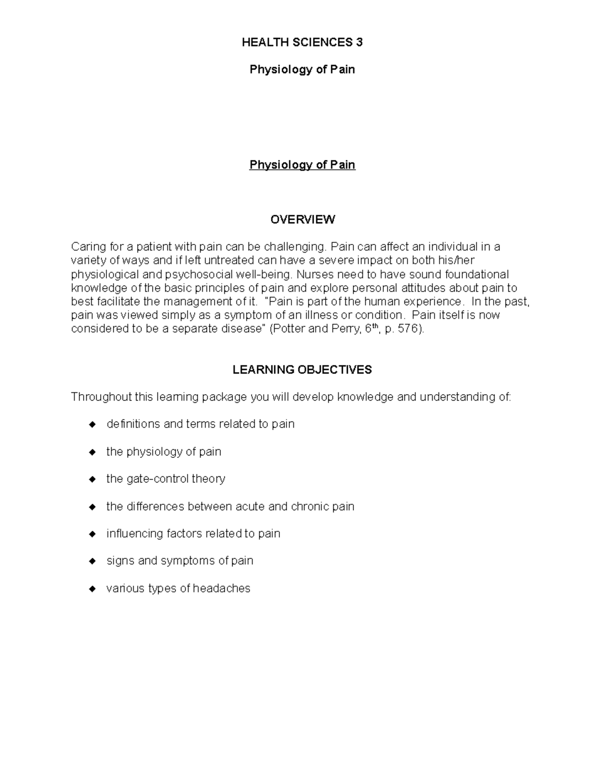 HS3-WK2-Pain Learning Package - Physiology of Pain Physiology of Pain ...
