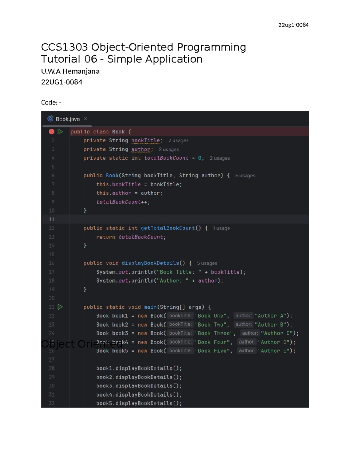 Tutorial 5 - aaaa - CCS1303 Object-Oriented Programming Tutorial 06 ...