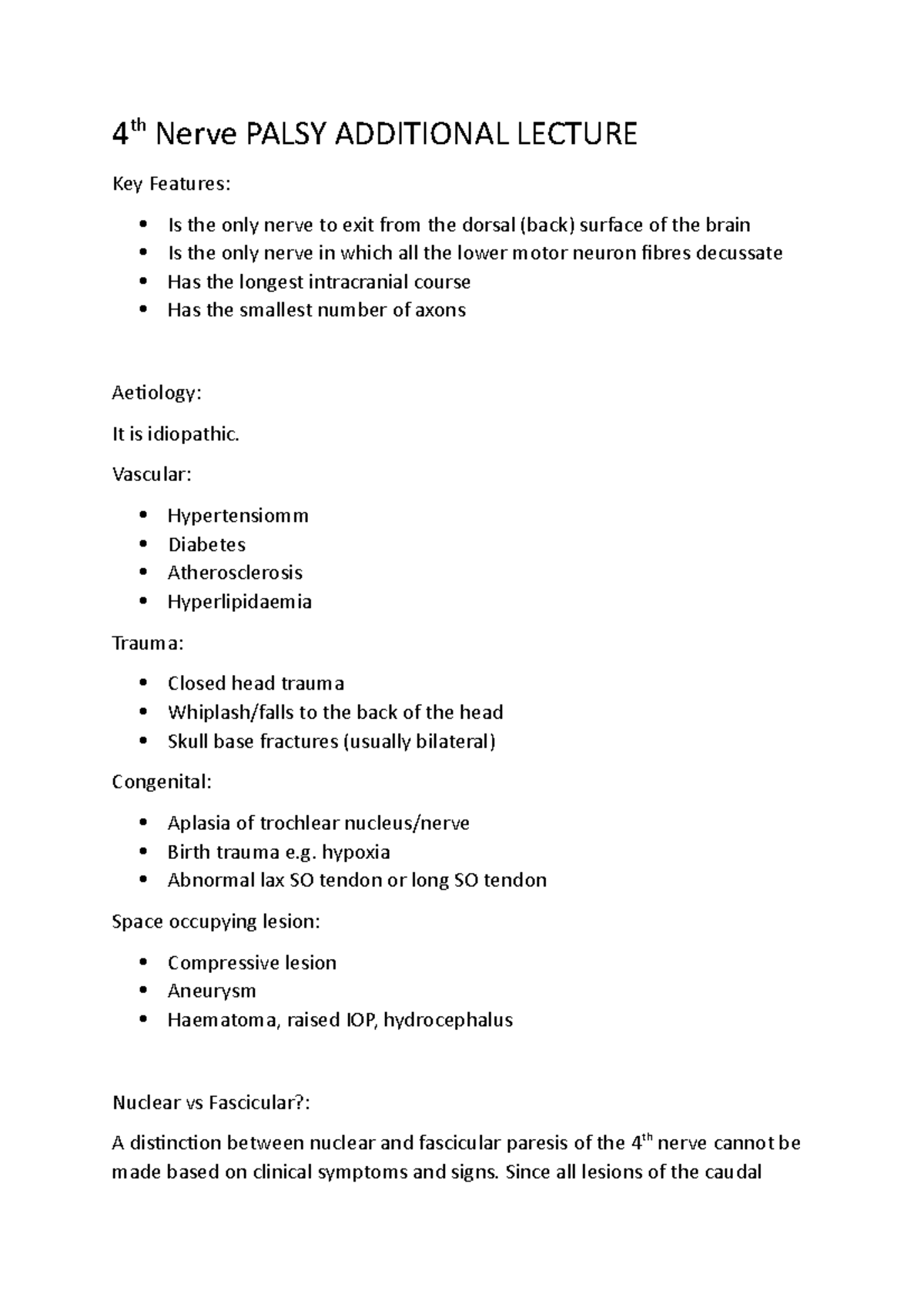 4th Nerve Palsy Additional notes - 4 th Nerve PALSY ADDITIONAL LECTURE ...