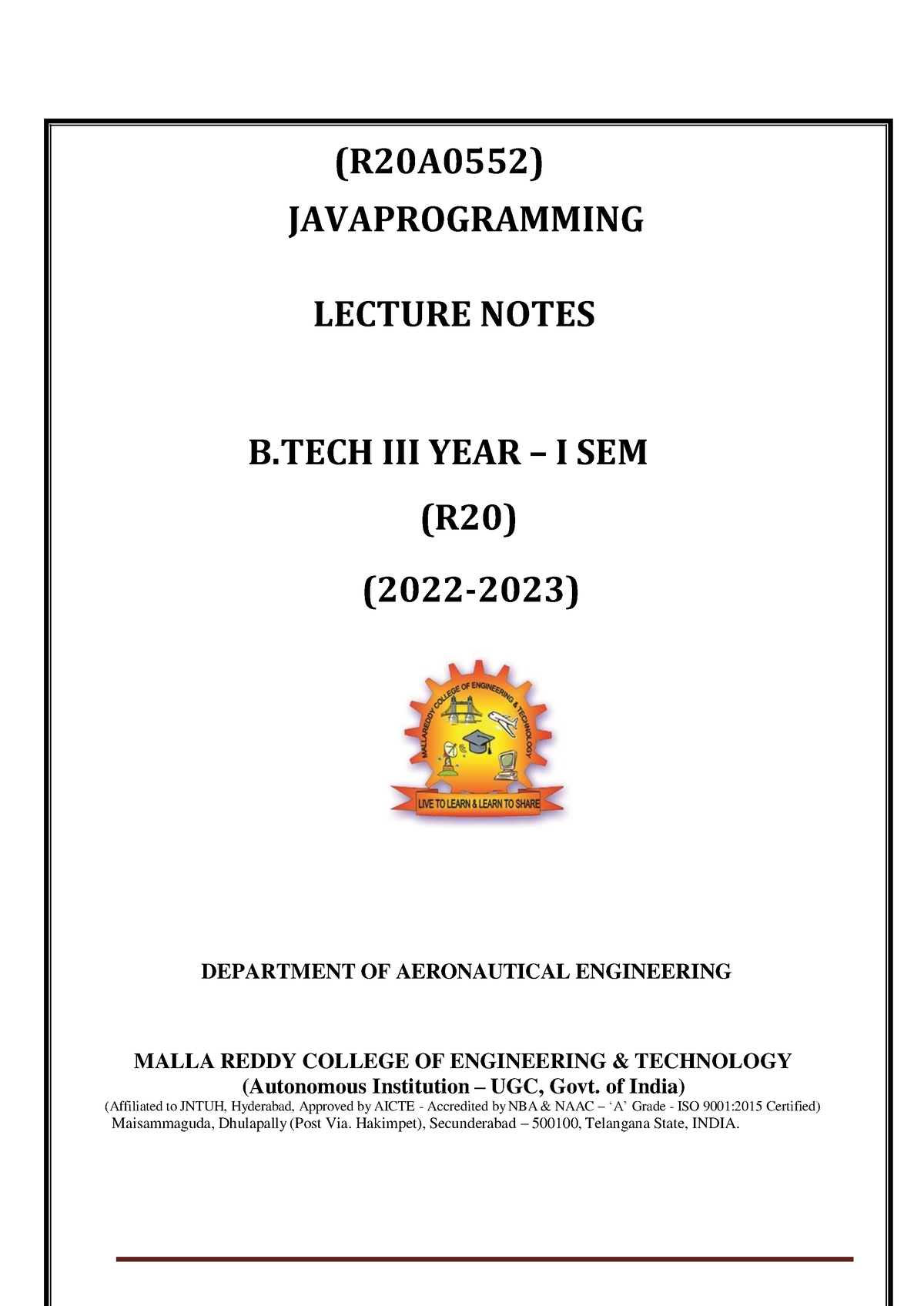 Java Programming Digital Notes For ANE - (R20A0552) JAVAPROGRAMMING ...