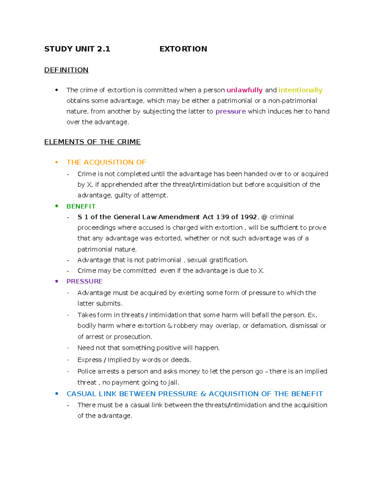 Study Unit 2.1 Extortion - STUDY UNIT 2 EXTORTION DEFINITION The crime ...