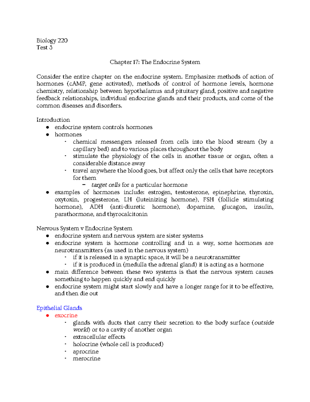 Anatomy Chapter 17 - Biology 220 Test 3 Chapter 17: The Endocrine ...