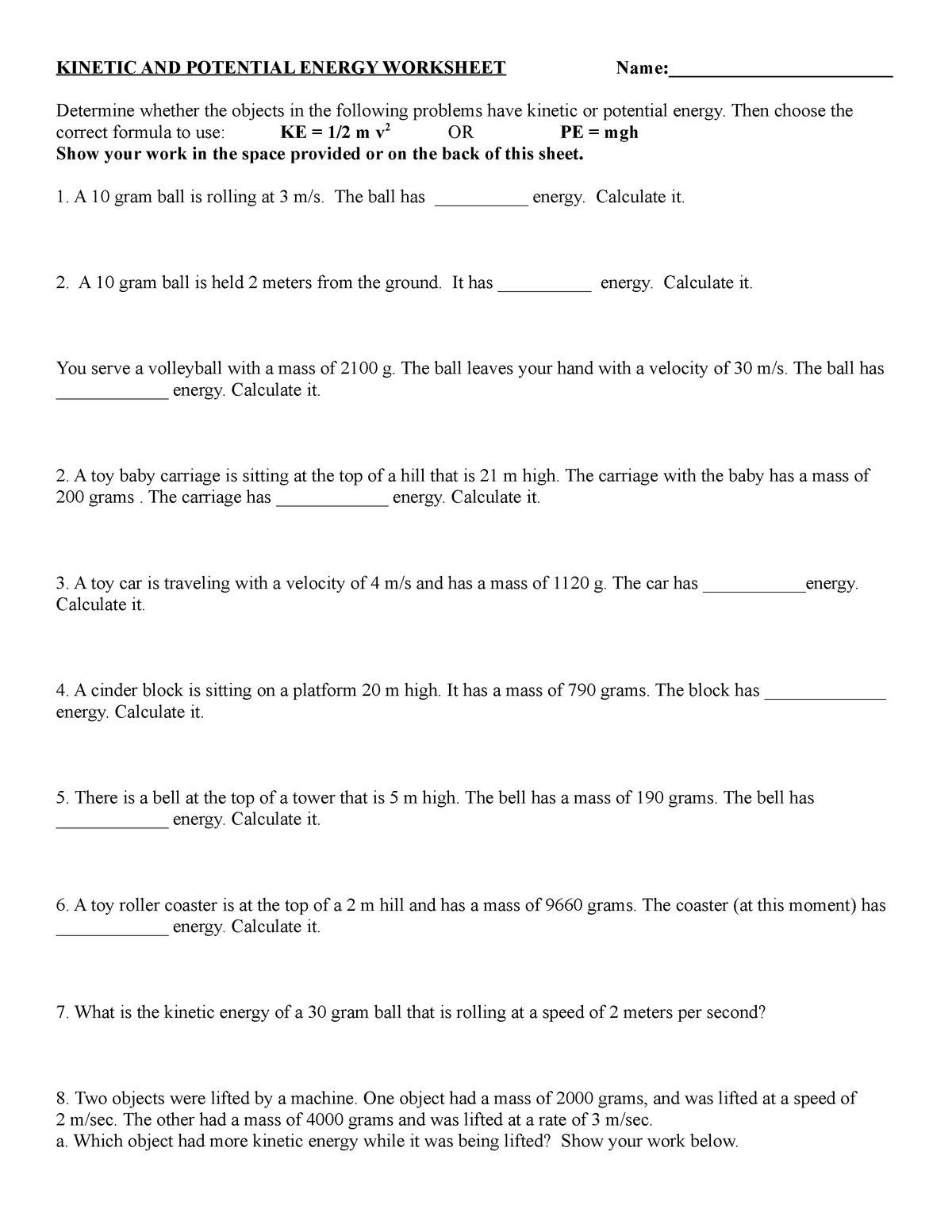 Calculating kinetic and potential energy - KINETIC AND POTENTIAL In Introduction To Energy Worksheet
